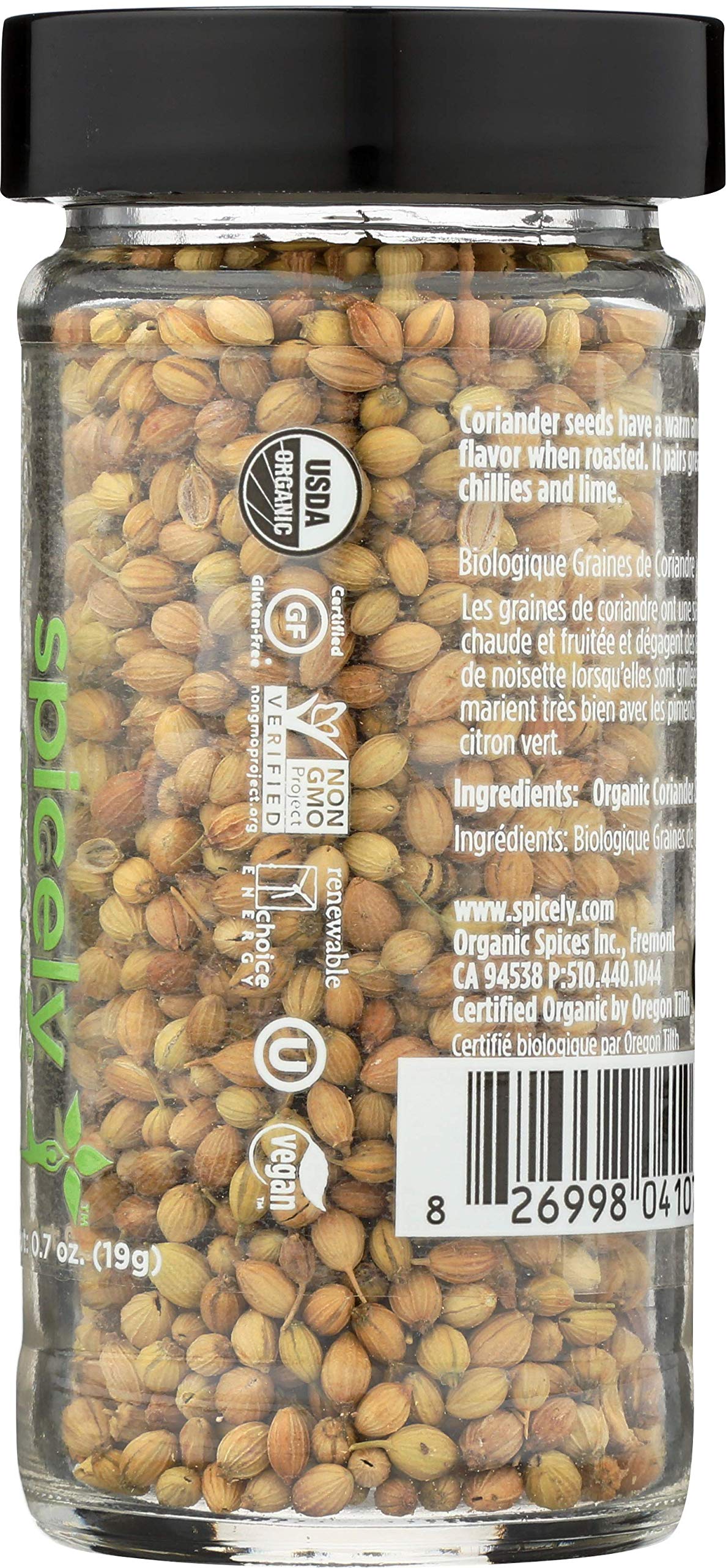 Spicely Organic Coriander Seeds Whole 0.70 Ounce Jar Certified Gluten Free
