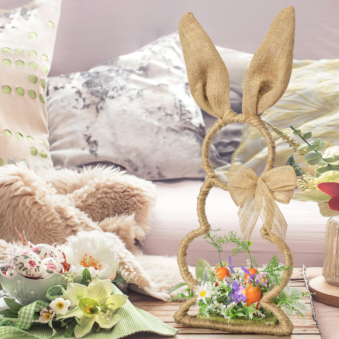 Ki Store Easter Bunny Spring Decoration With Carrot Floral 24-Inch For Fireplace Mantel Table Burlap Easter Sping Party Holiday