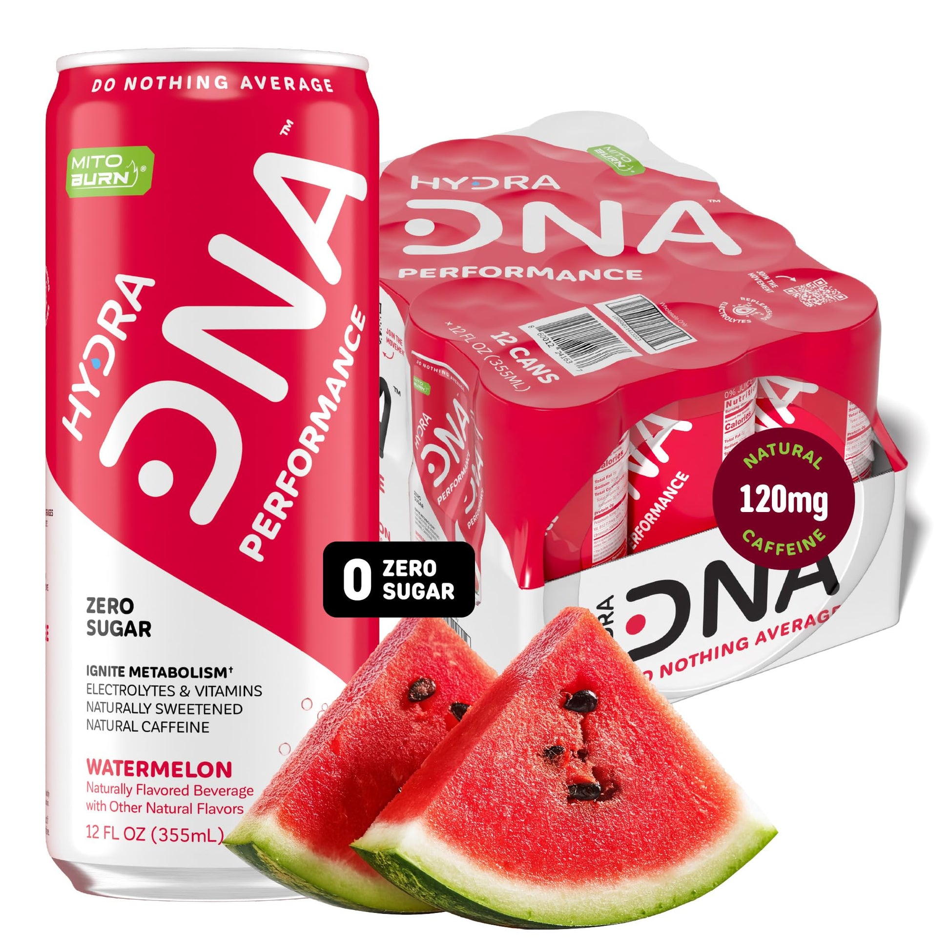 HYDRADNA Clean Performance Drink, Zero Sugar, 120 mg Organic Caffeine, Watermelon, 12 Fl Oz (Pack of 12)