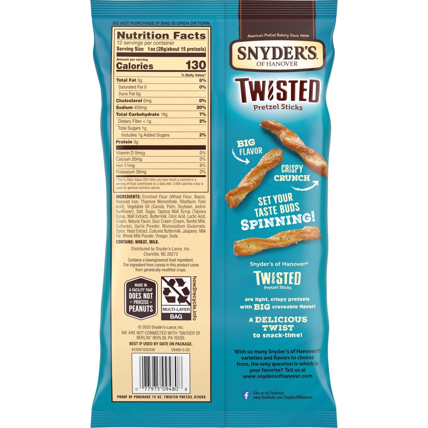 Snyders of Hanover Jalapeo Ranch Flavored Twisted Pretzel Sticks, 12 Oz Bag (Pack of 3)