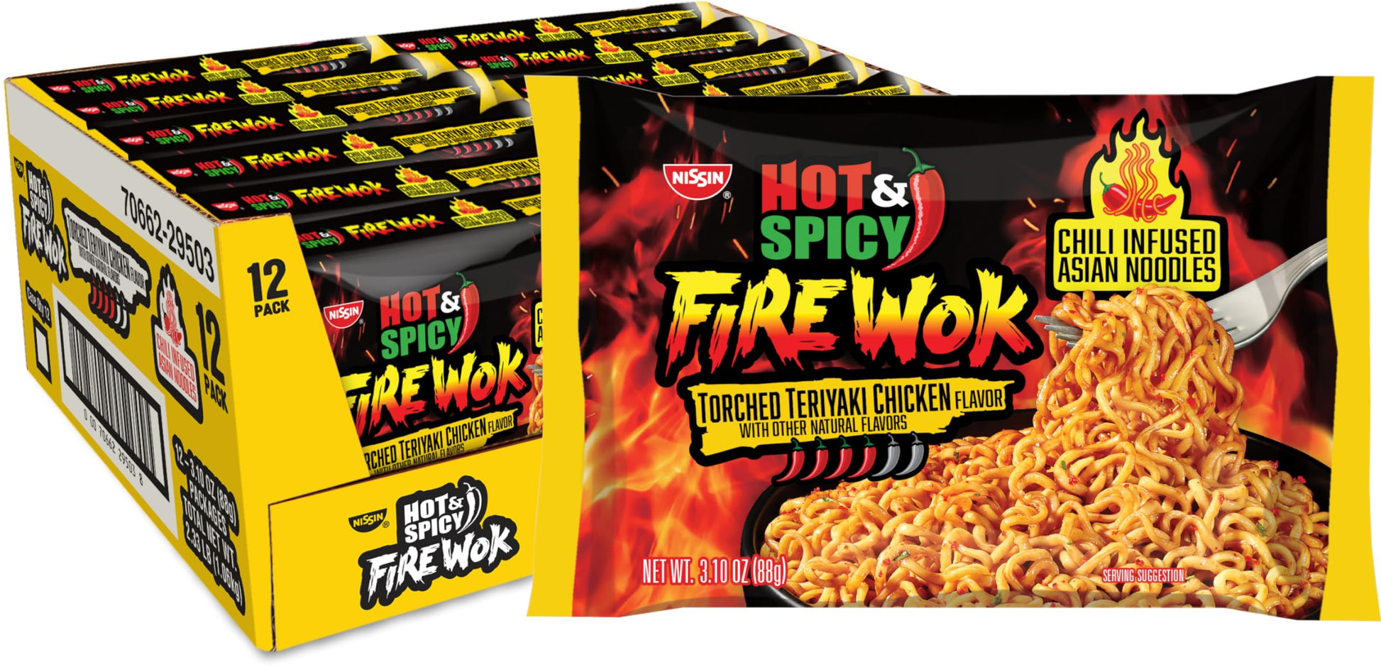 Nissin Fire Wok, Torched Teriyaki Chicken, Hot & Spicy Chile Infused Asian Noodles, 3.10 Ounce (Pack Of 12)
