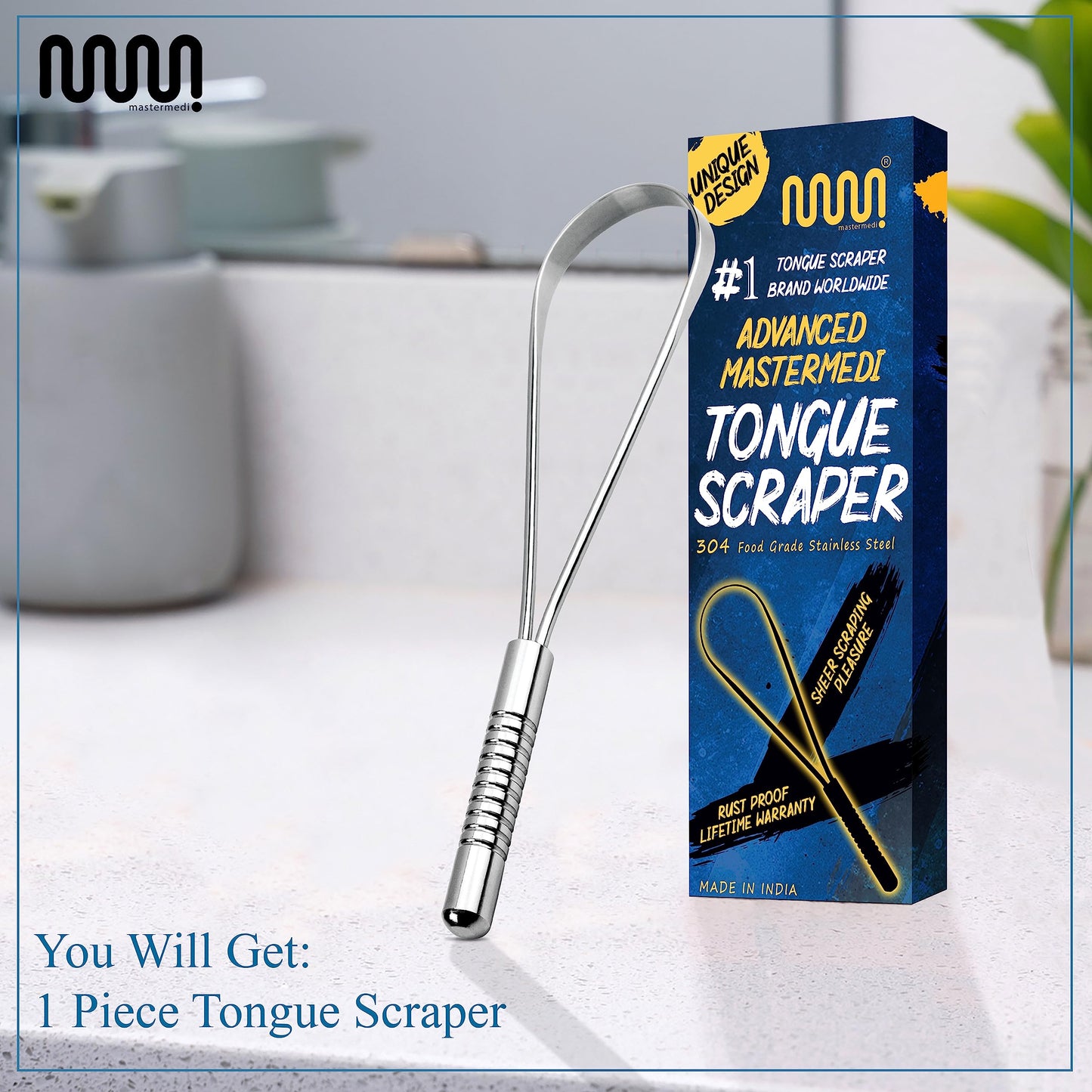 MasterMedi Stainless Steel Tongue Scraper – Bad Breath Treatment for Adults & Kids, Ergonomic Design, Easy to Use Oral Care Tool