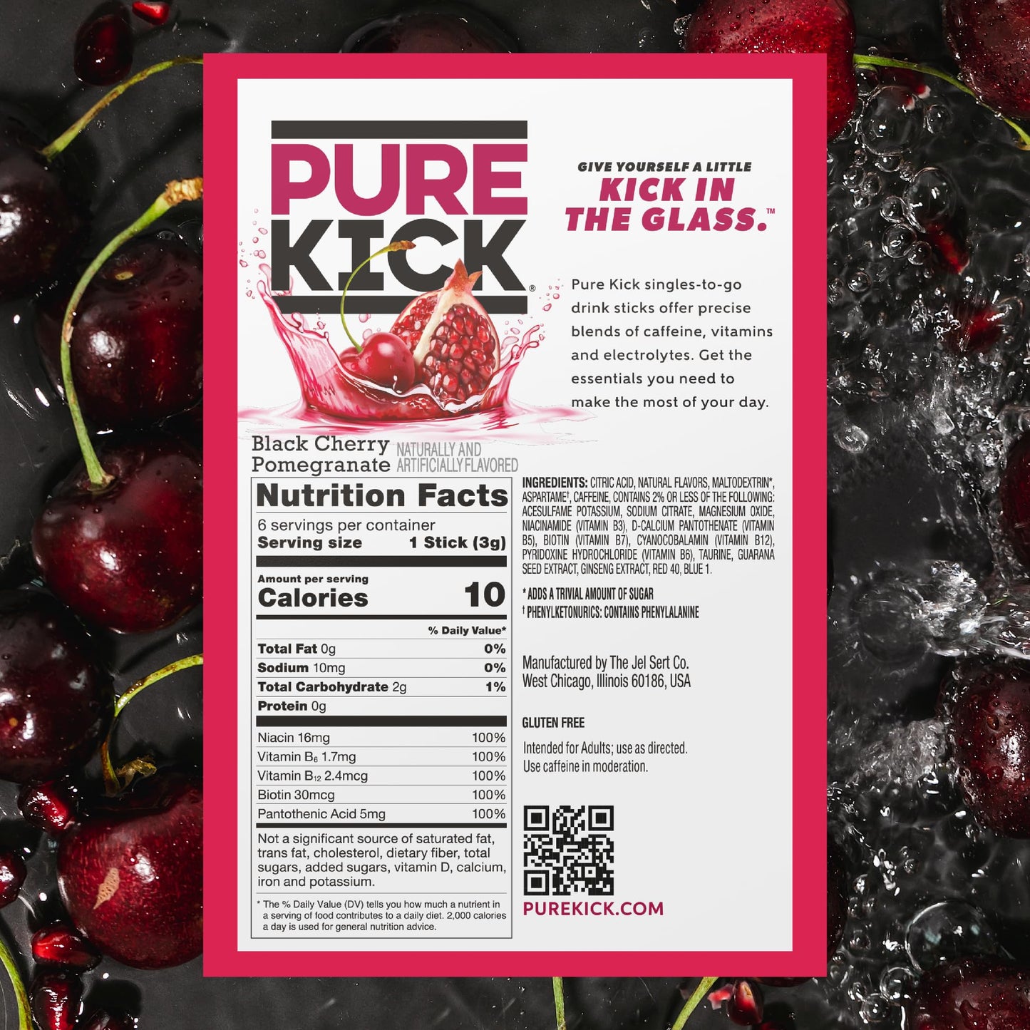 PURE KICK Energy Drink Mix, Black Cherry Pomegranate, 72 Packets, 12 Boxes with 6 Packets Each