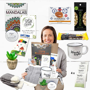 Zelica Get Well Soon Gift Basket - 14 Piece Care Package with Snacks for Recovery - White, Black, Green