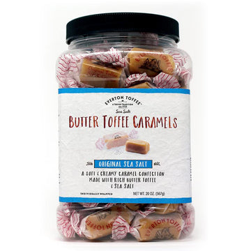 Everton Toffee Butter Toffee Caramels, Original Sea Salt Flavor 50 count (20 oz. Grab Jar). Gourmet artisan Creamy, soft and cre