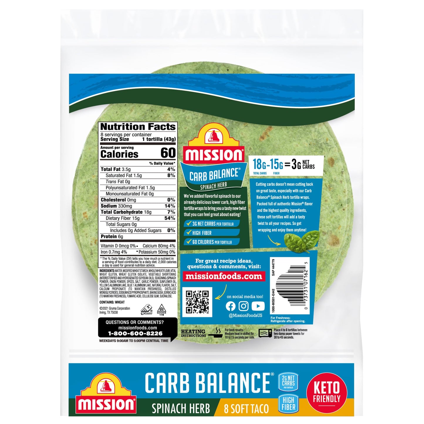 Mission Carb Balance Spinach Herb Tortilla Wraps, 8 Count, Low Carb, Keto, High Fiber, No Sugar