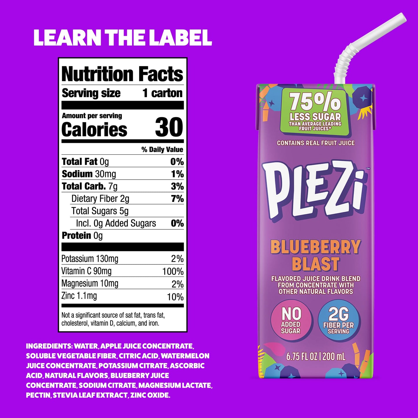 PLEZi Fruit Juice Boxes For Kids, Blueberry Blast - Low Sugar Drinks with Dietary Fiber, Healthy Vitamin C, and Potassium Electr