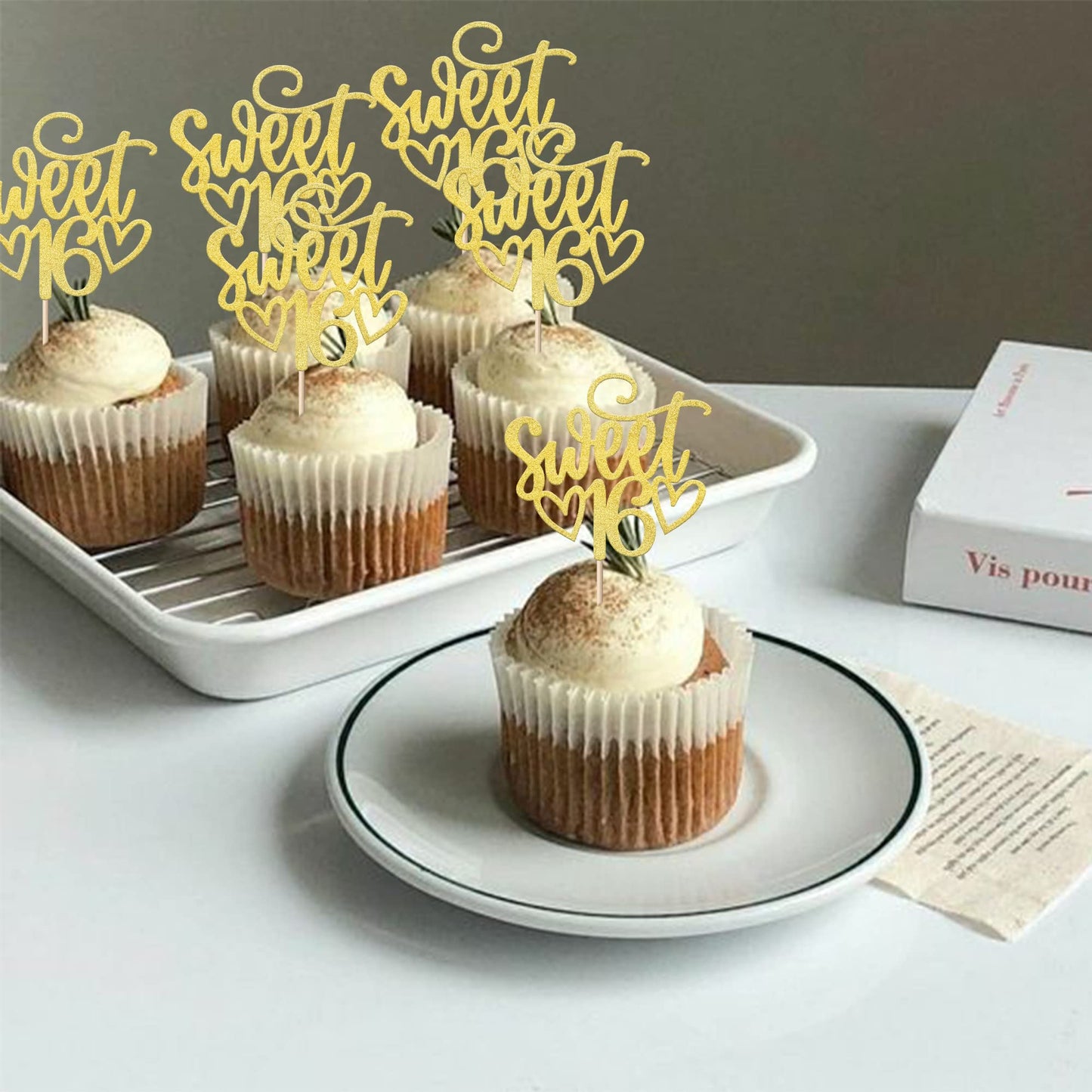 YCTHUNFISH 24 Pack Cupcake Toppers Glitter for 16th Birthday, Bamboo Material, Gold Color