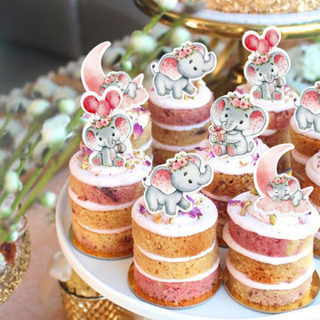 40 Pcs Edible Wafer Paper Pink Elephant Cupcake Toppers Selection Elephant Theme Drink Topper Gender Reveal Baby Shower Decorati