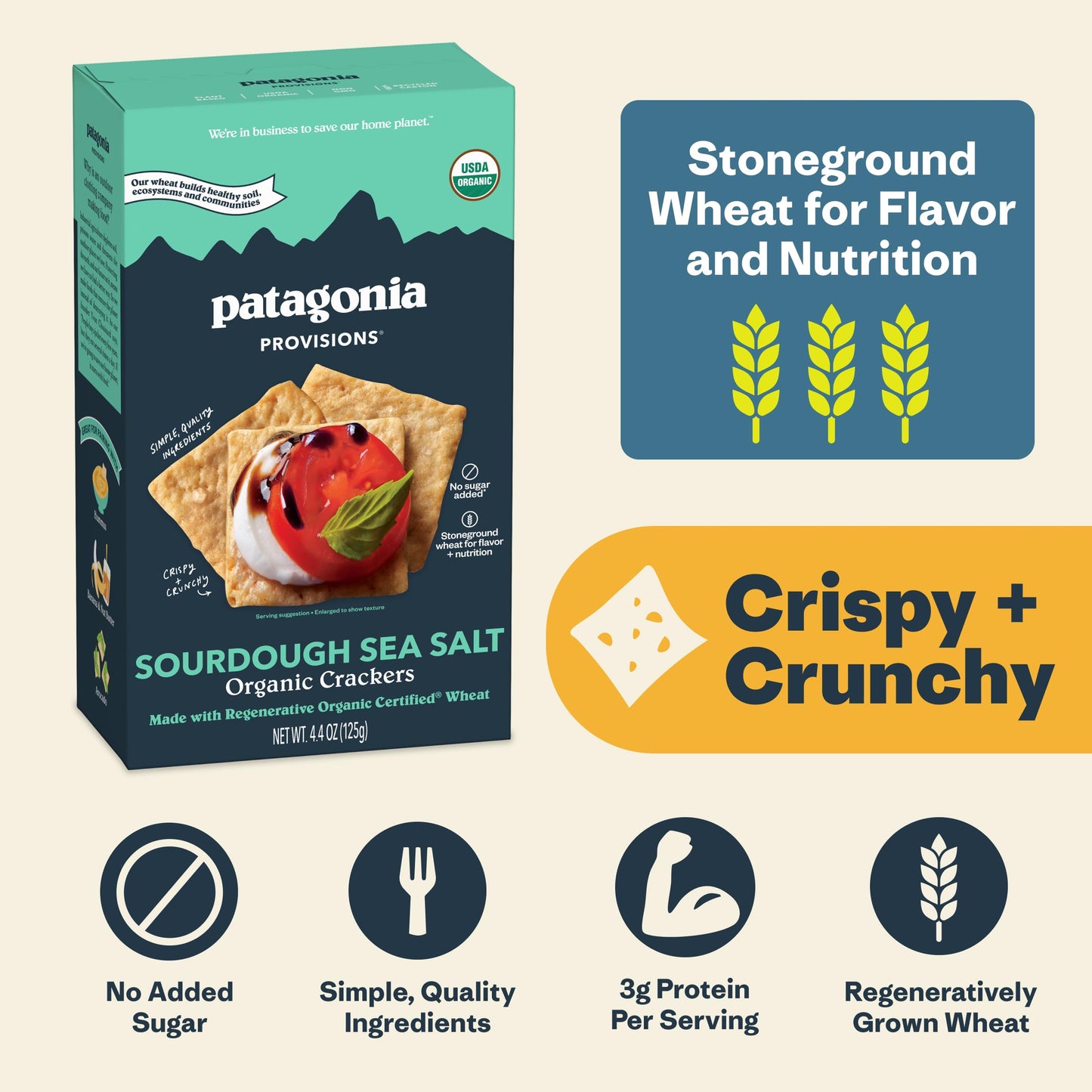 Patagonia Provisions Organic Sourdough Sea Salt  Ers (3 Pack) – 3G Plant Protein Per Serving – Made With Wheat Flour & Sea Salt – Non-Gmo, No Added Sugar - Crispy & Crunchy