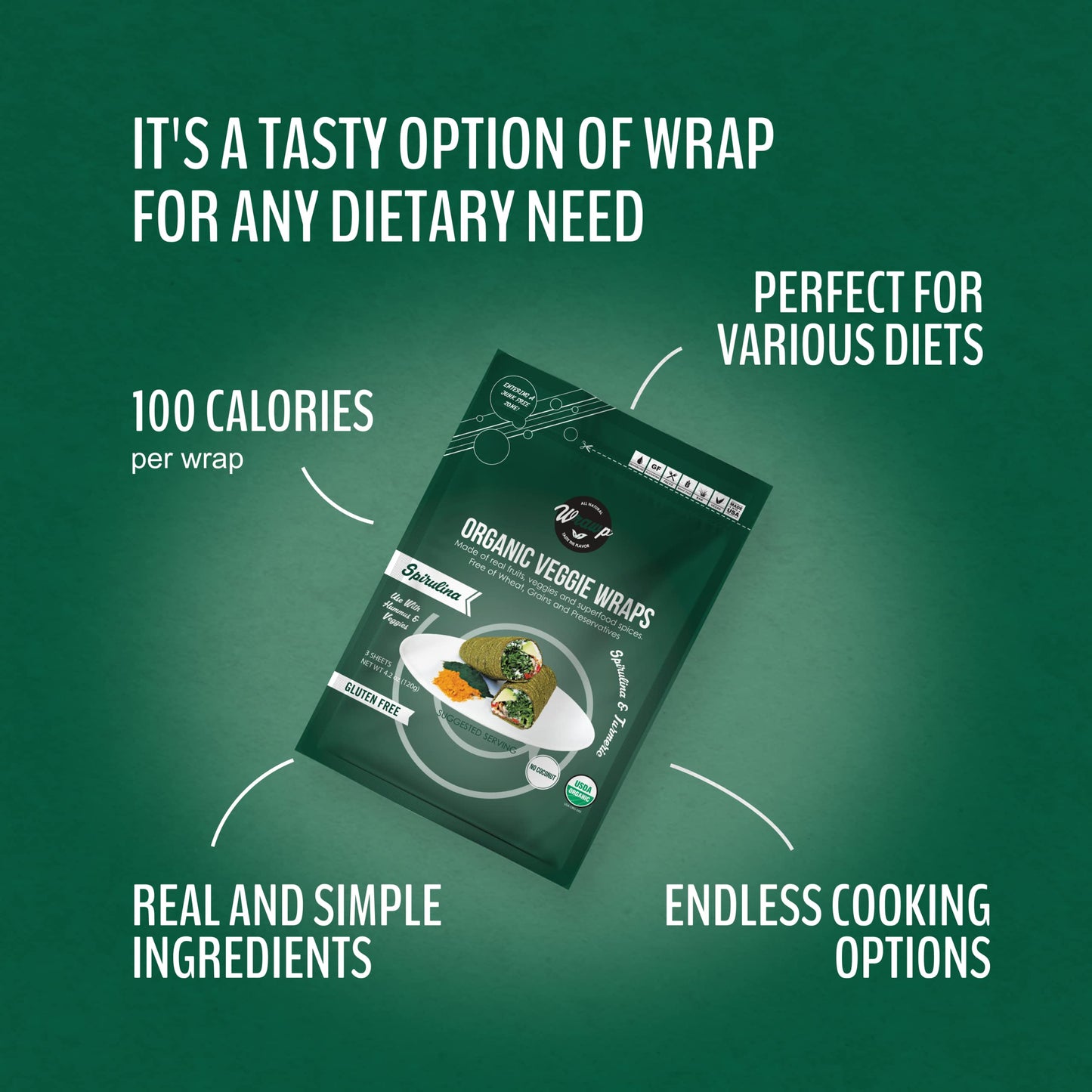 WrawP Organic Veggie Wraps - Spirulina, Gluten Free, Paleo, Raw Vegan, 5.6 Ounce (Pack of 2)