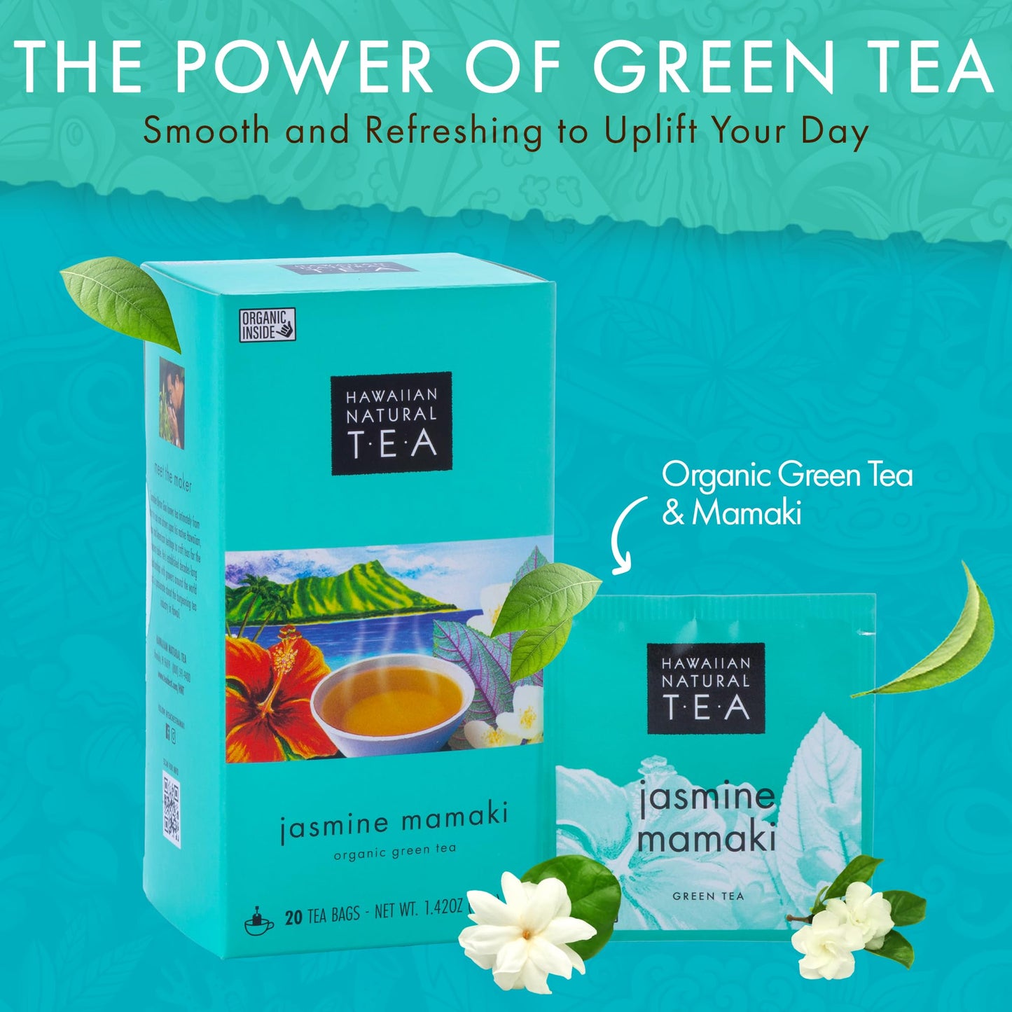 Hawaiian Natural Tea Organic Mamaki Jasmine Green Tea Blend - 60 Tea Bags, Antioxidant-Rich, Calming Wellness Tea for Bedtime
