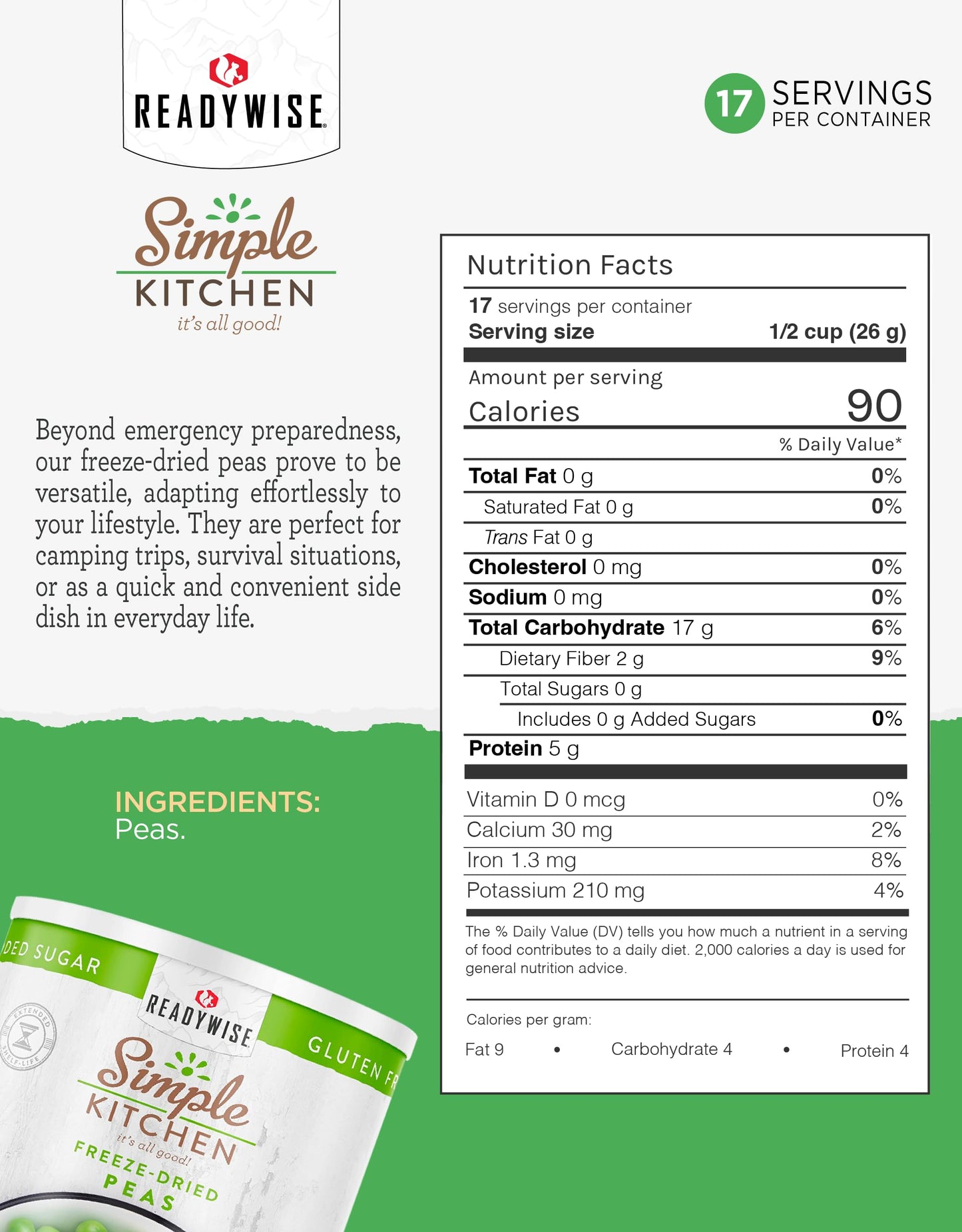 Simple Kitchen Freeze Dried Peas - 17 Servings For Family Meal Prep, Gluten Free & Dehydrated Just Add Water Canned Food, Emergency Survival Food For Camping Meals, Backpacking & Hiking, #10 Can