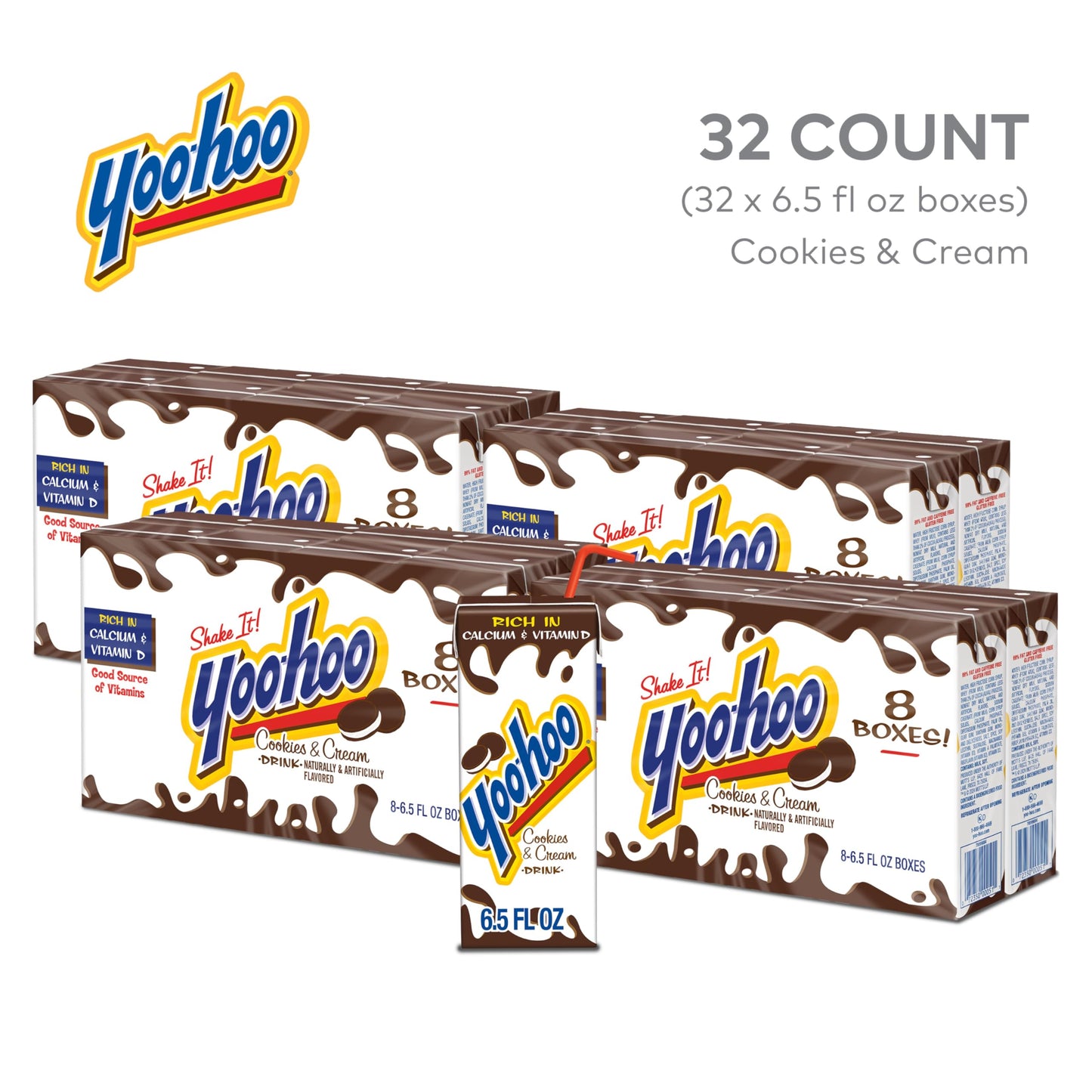 Yoo-hoo Cookies and Cream Flavored Drink  6.5 fl oz Boxes  32 Count (4 Packs of 8)  Ready to Drink  Caffeine-Free  99% Fat-Free  High in Calcium & Vitamin D