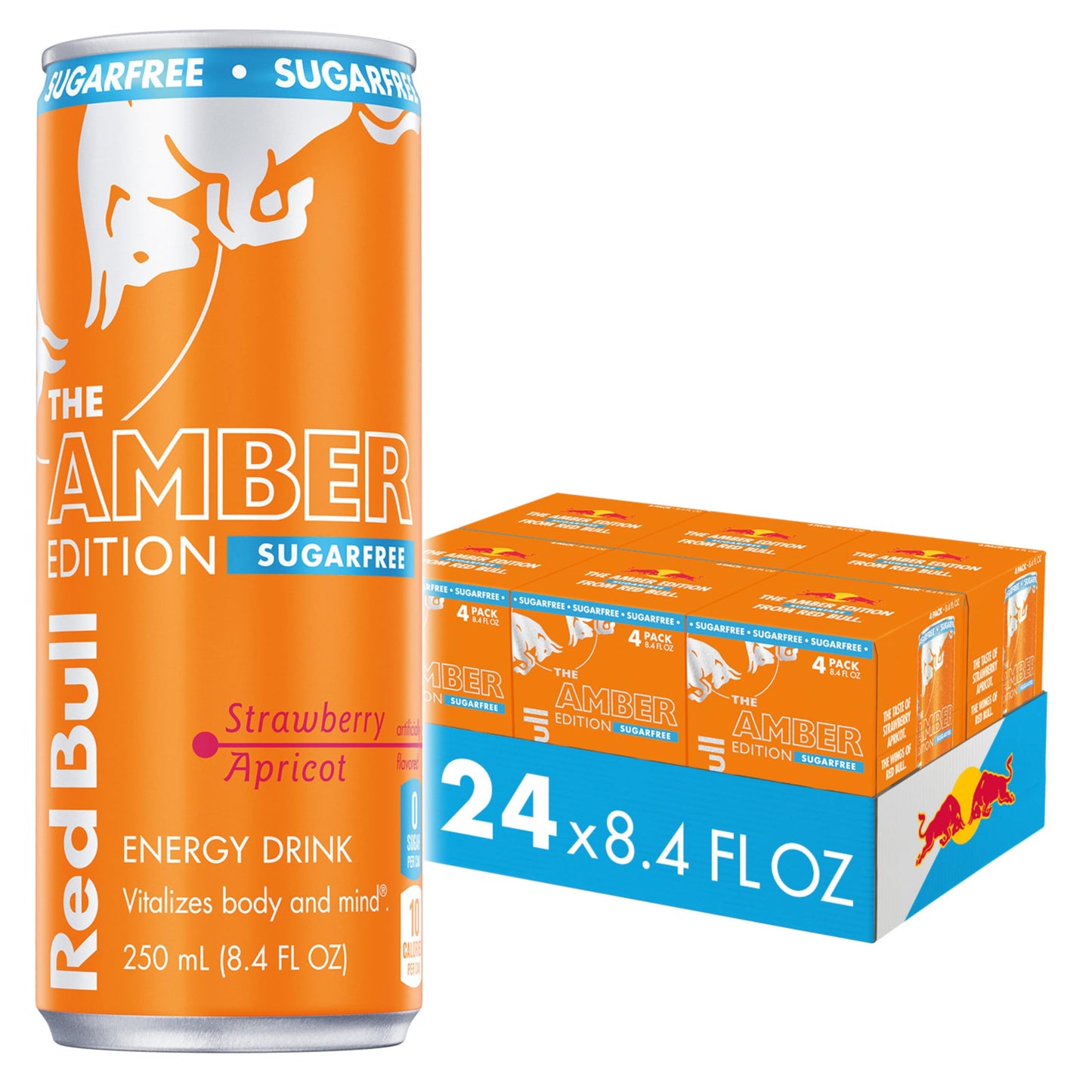 Red Bull Amber Edition Sugar Free Energy Drink, Strawberry Apricot, 8.4 Fl Oz, 24 Pack (6x4), 80mg Caffeine, Model RB243200