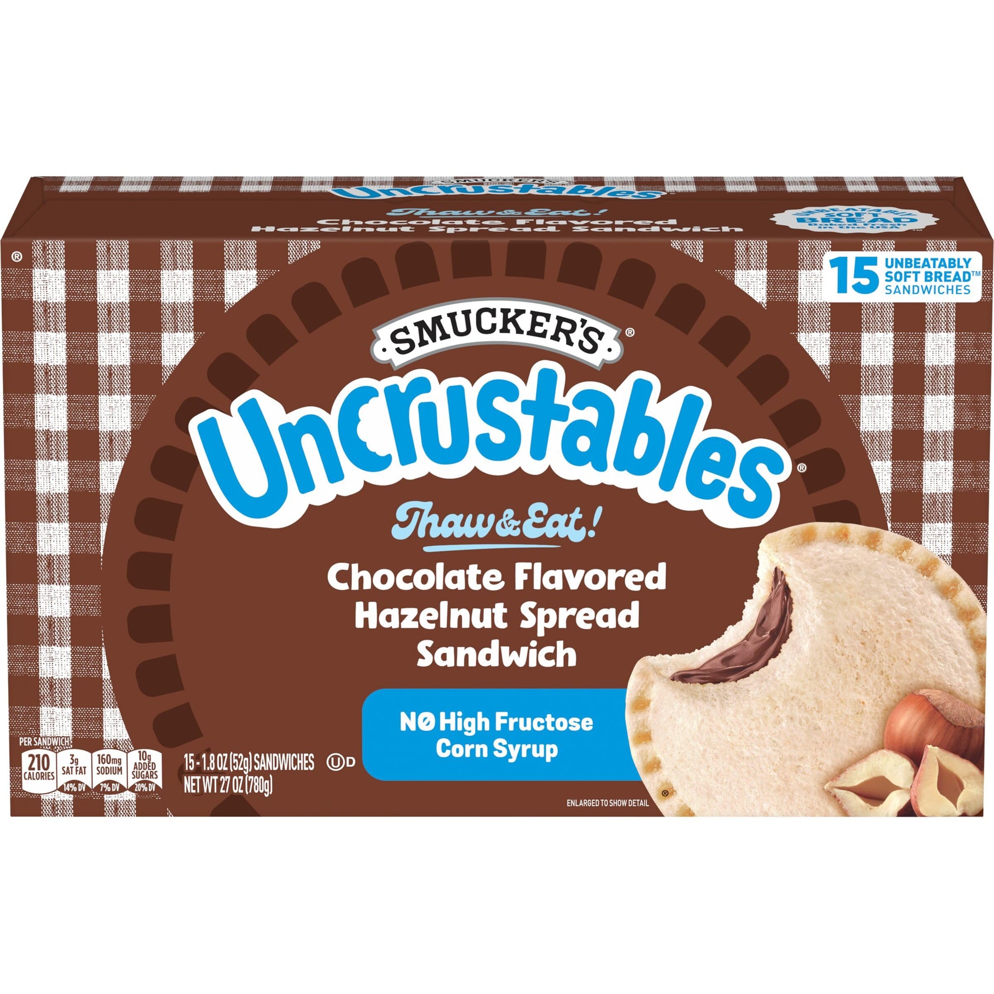 Smuckers Uncrustables Chocolate Flavored Hazelnut Spread Sandwiches, 15 Count, Thaw & Eat