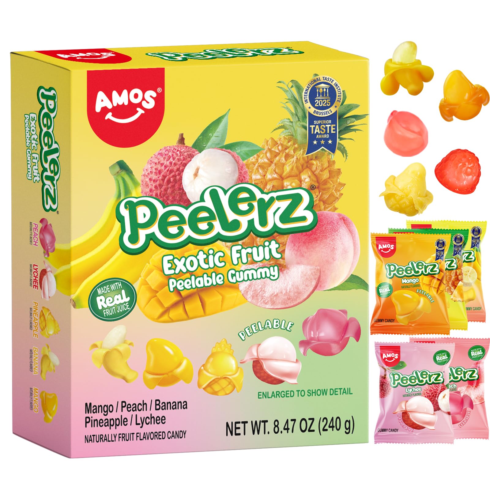 Amos Peelerz Exotic Fruit Peelable Gummy Candy - 5 Fruit Flavors (Mango, Peach, Banana, Pineapple, Lychee), 8.47Oz (240G), Indiv