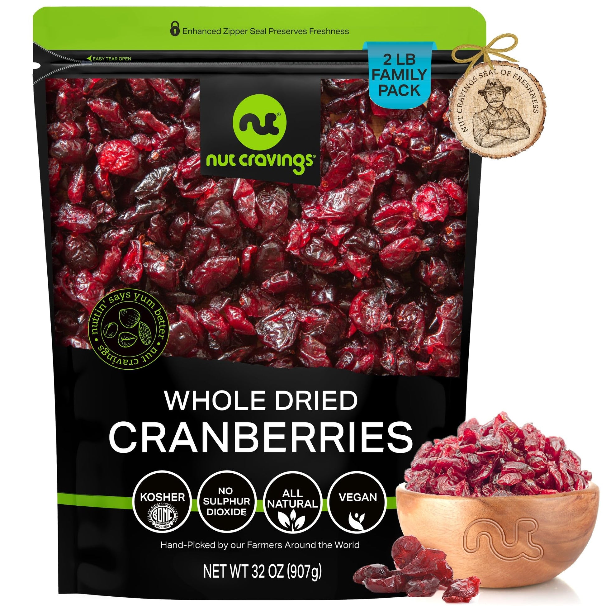 Nut Cravings Dry Fruits - Sun Dried Whole Cranberries, Lightly Sweetened (32Oz - 2 Lb) Packed Fresh In Resealable Bag - Sweet Sn