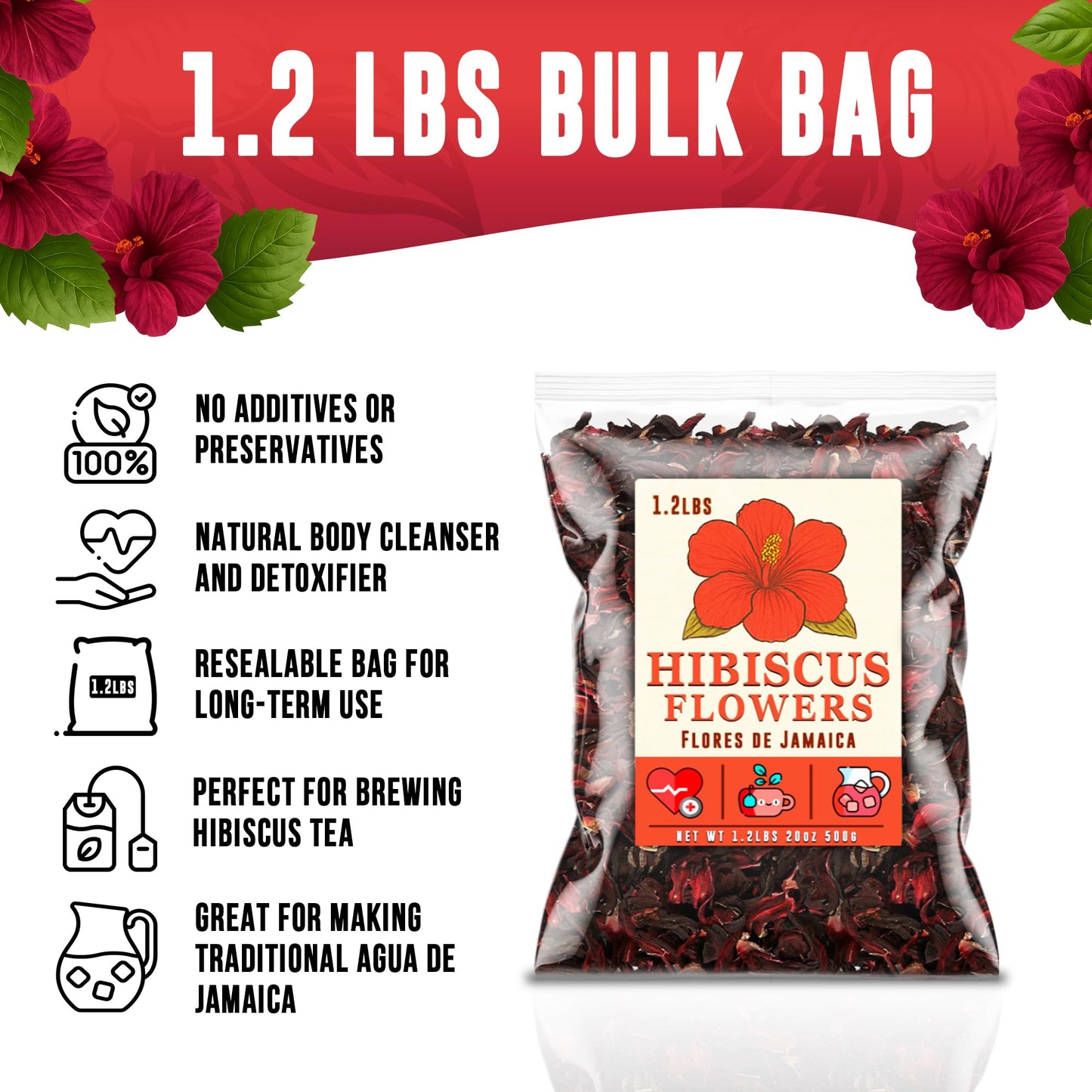 Mexgrim Hibiscus Flowers Dried Bulk Tea, 1.2 Lbs (19oz) Natural Herbal for Hot/Iced Drinks