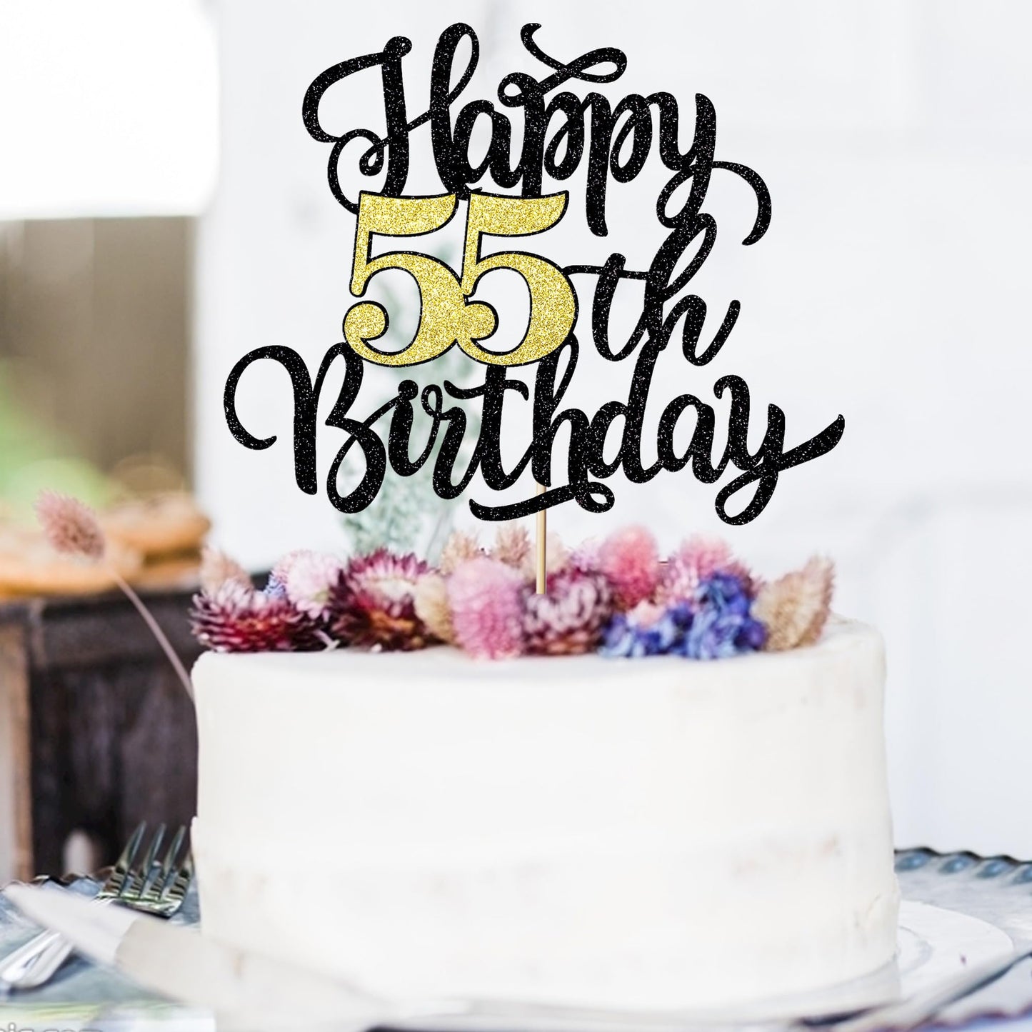 Leetaivie Happy 55Th Birthday Cake Topper, Black Gold Glitter Birthday Cake Topper, 55Th Anniversary/ 55Th Birthday Party Decora