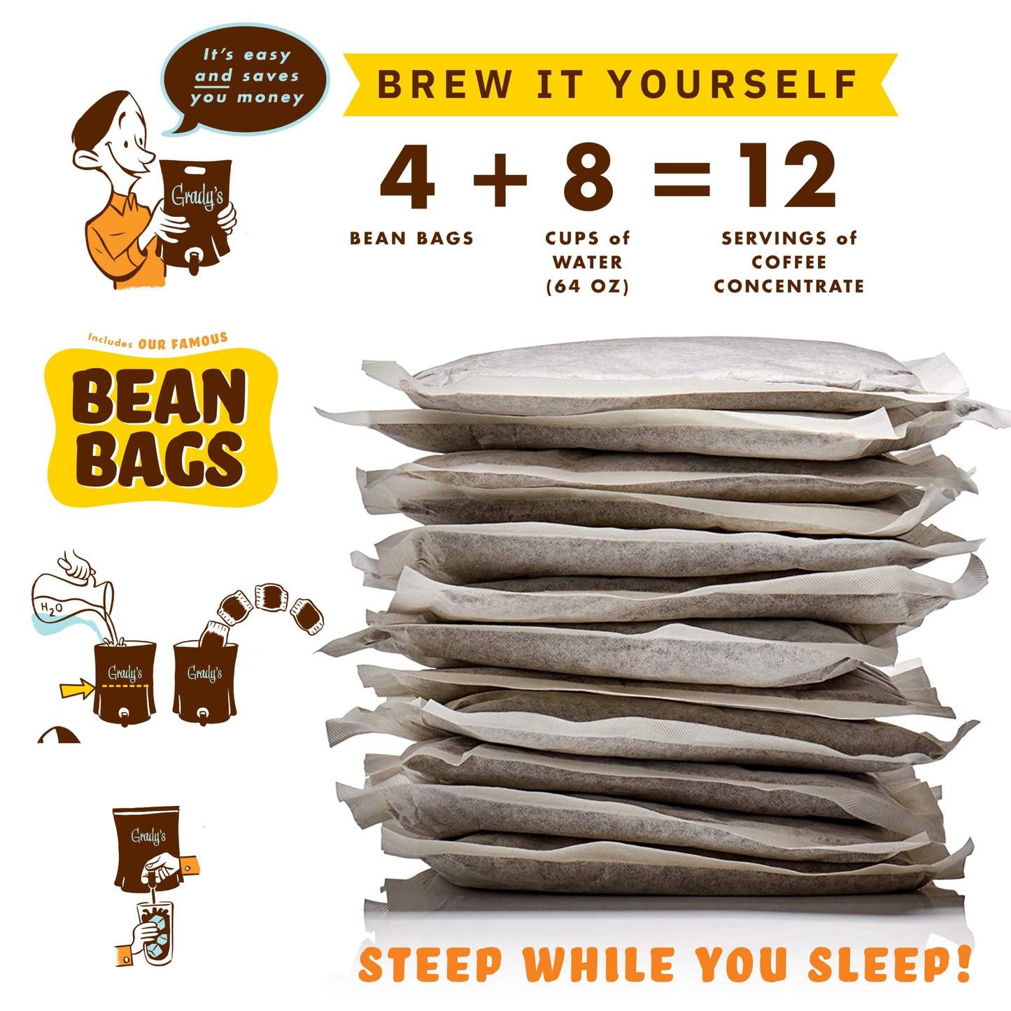 Grady'S Cold Brew Coffee, Original, Bean Bag Bundle With 48 (2Oz.) Bean Bags, 144 Total Servings