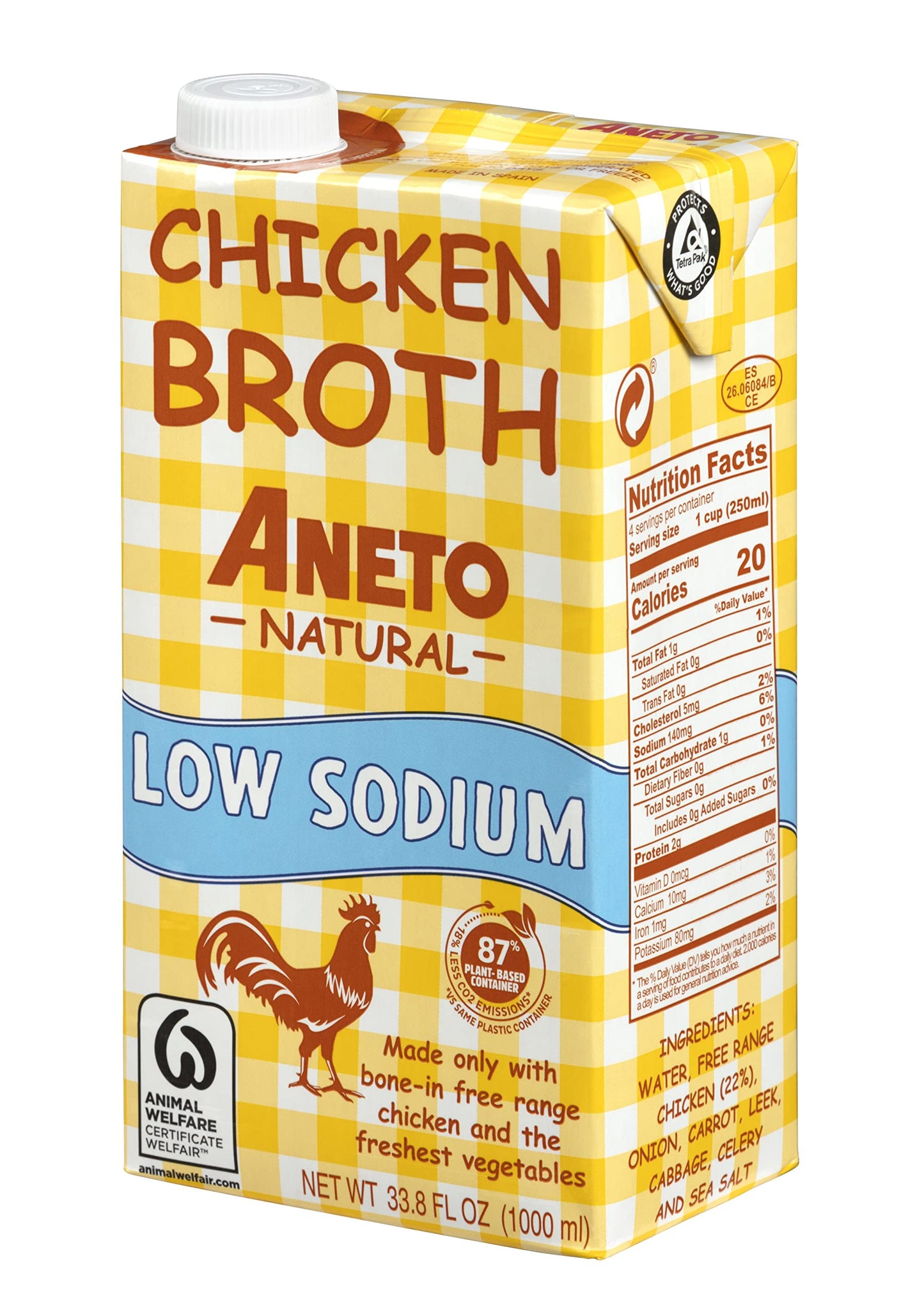 Aneto 100% Natural Low Sodium Chicken Broth | 34 Fl Oz - 1 Pack | Freshest Ingredients | No Concentrates or Powders |