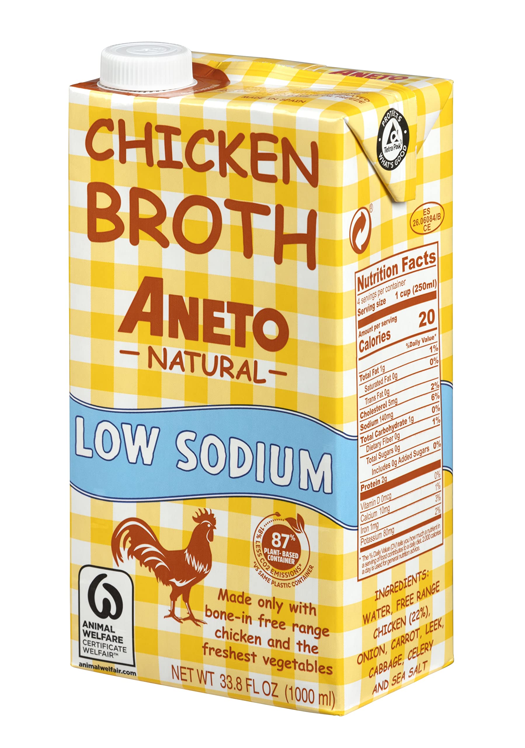 Aneto 100% Natural Low Sodium Chicken Broth | 34 Fl Oz - 1 Pack | Freshest Ingredients | No Concentrates or Powders |