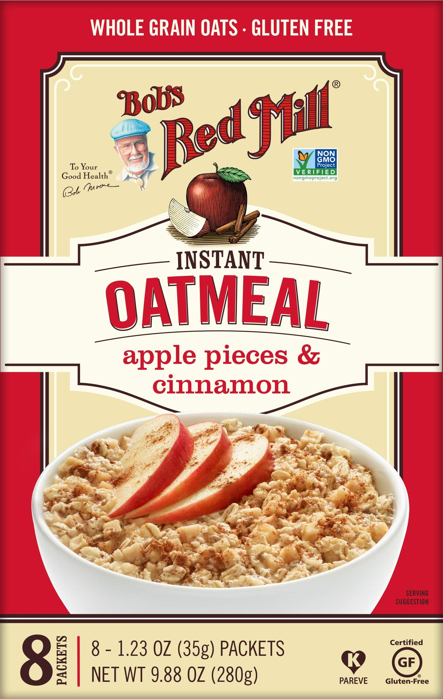 Bob's Red Mill Instant Oatmeal Packets, Apple Pieces & Cinnamon, 8 Packets Total (1 Box/8 Packets per Box), Non-GMO, Gluten Free