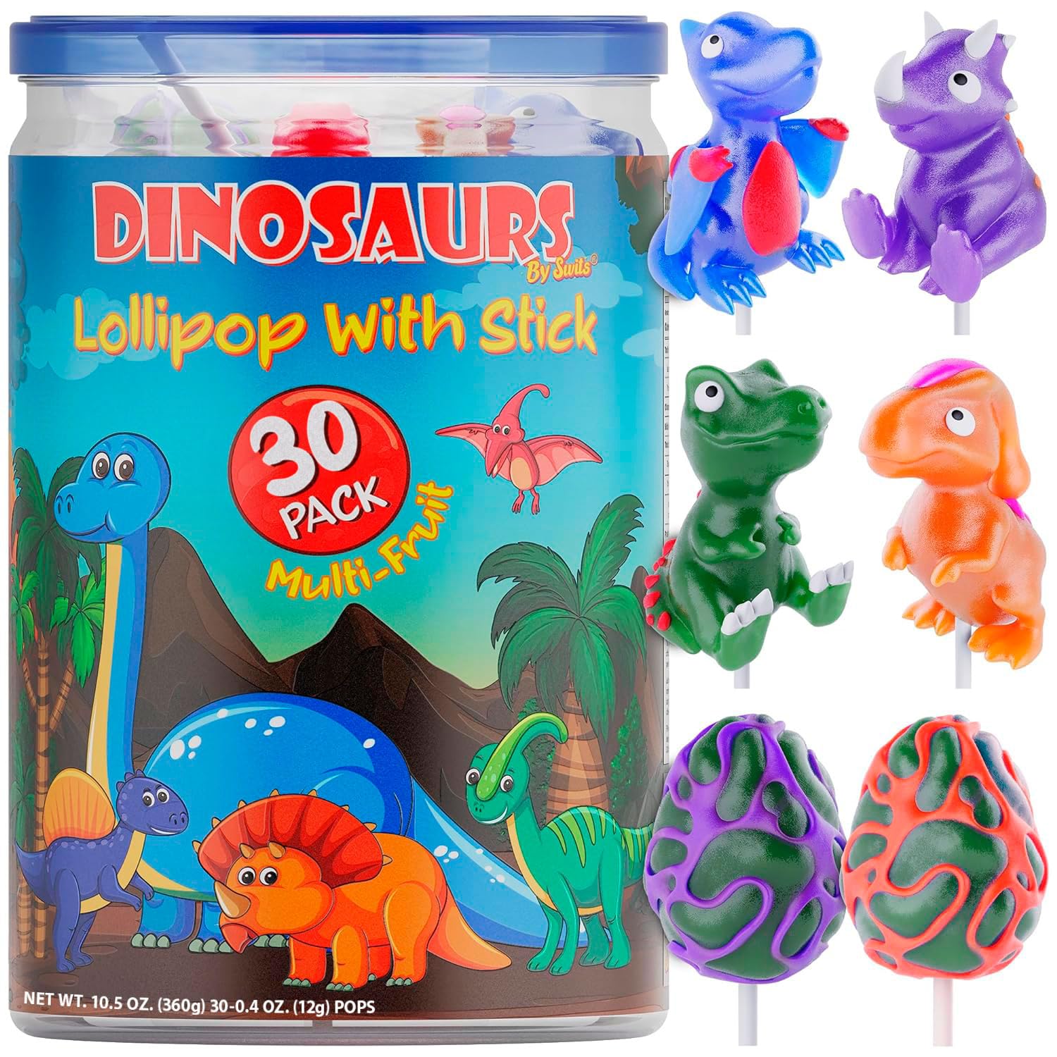 Primary Colors Candy Dinosaur Lollipops 30pk - Multicolor Dino Candy for Party Favors