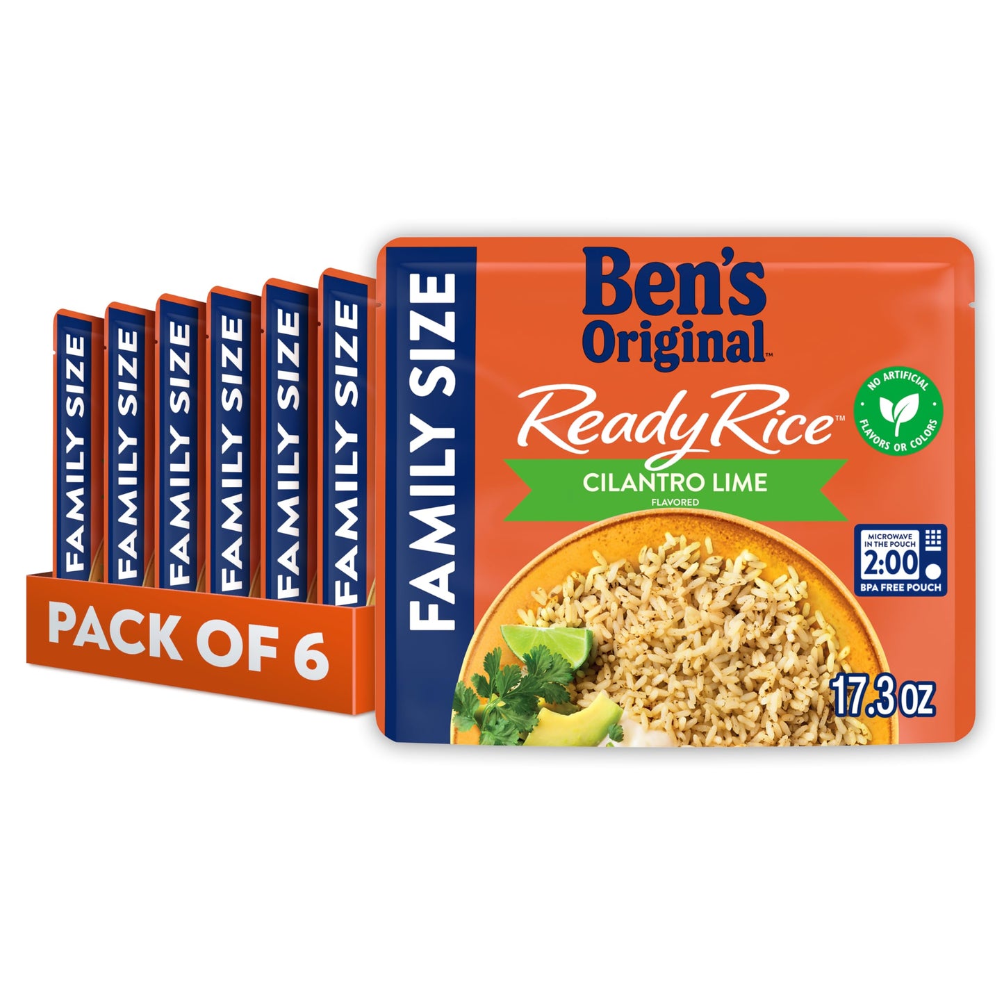 BEN S ORIGINAL READY RICE Cilantro Lime Flavored Family Size Rice, Easy Dinner Side, 17.3 oz Pouch (Pack of 6)