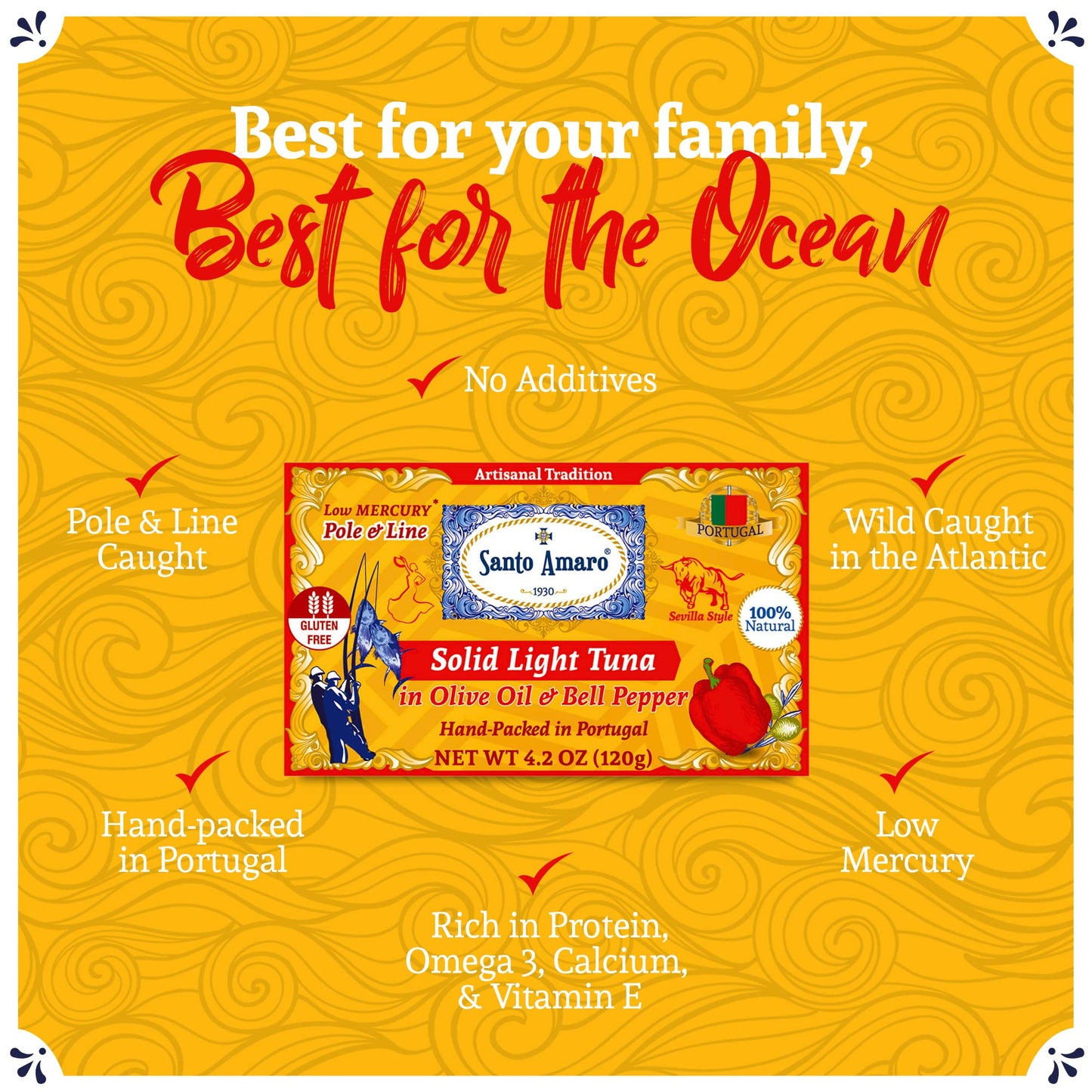 Santo Amaro Artisanal Wild Tuna Fillets in Olive Oil & Red Bell Pepper, 4.2 oz, Pack of 6, Keto Friendly, Low Mercury