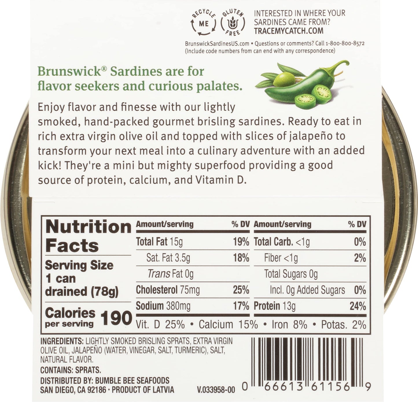 Brunswick Gourmet Brisling Sardines in Extra Virgin Olive Oil with Jalapeño, 4.23 oz Can (Pack of 12), Gluten-Free, Keto Friendly
