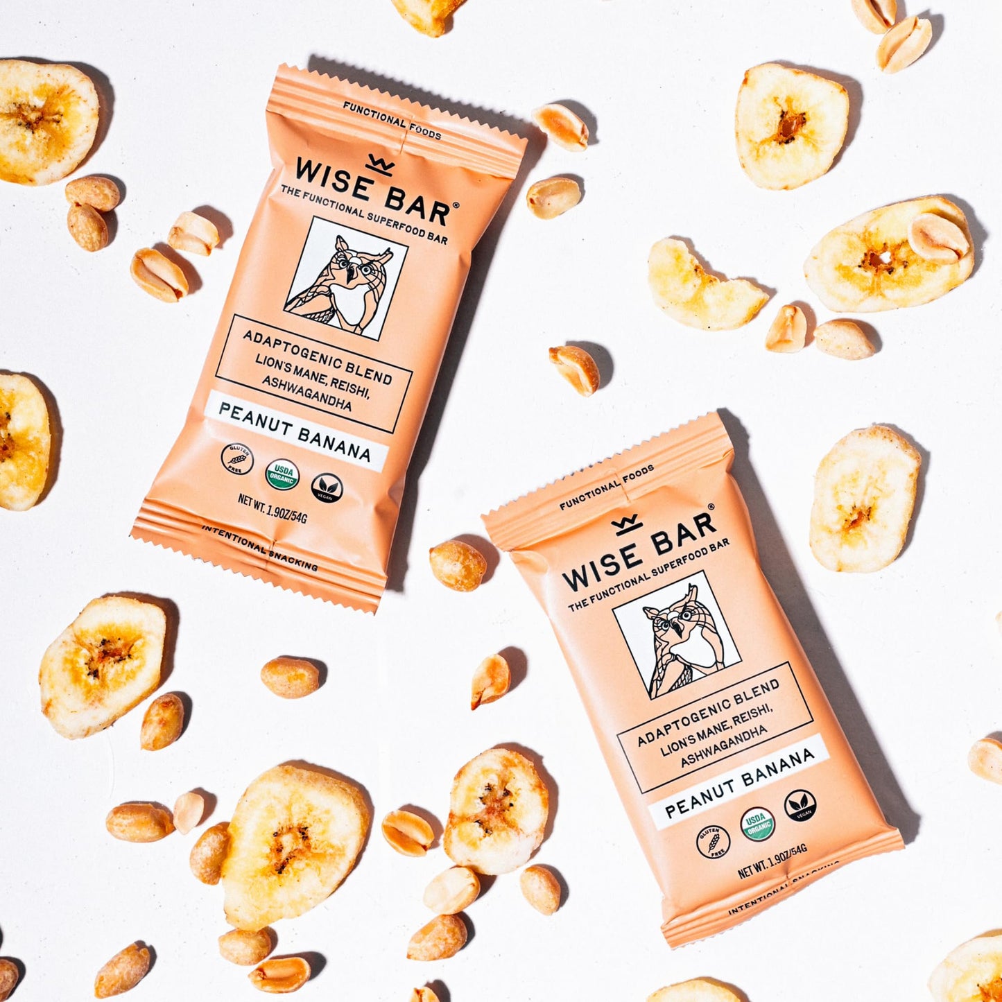 Wise Bar Adaptogen Mushroom Nutrition Bars With Reishi, Lions Mane & Ashwagandha, Organic Vegan & Gluten Free Snacks For Natural Focus, Energy & Immunity Support, Peanut Butter Banana, 12 Count