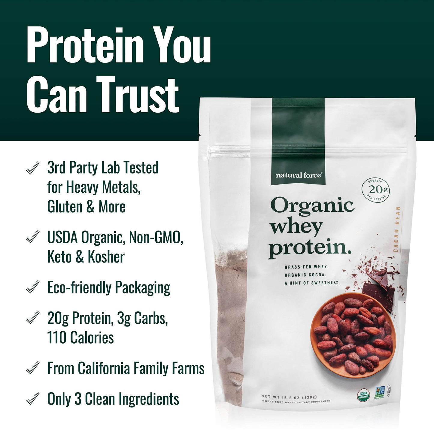 Natural Force Whey Protein Powder - Chocolate - Grass Fed Organic, Pure, Keto & Paleo Friendly, Low Carb, Kosher, Non GMO - 1 Po
