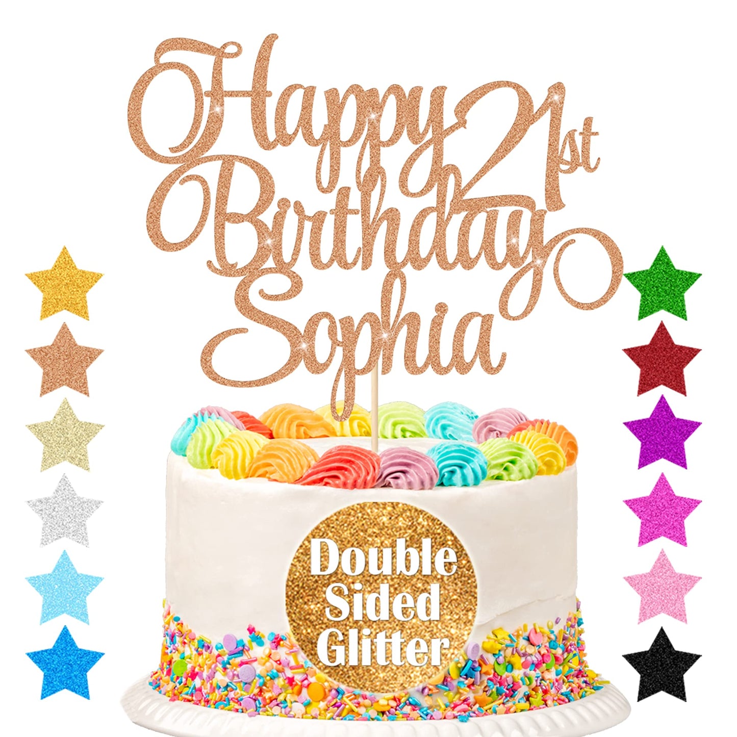 EDSG Happy Birthday Cake Topper Personalized Double-Sided Glitter 11 Colors Rose Gold