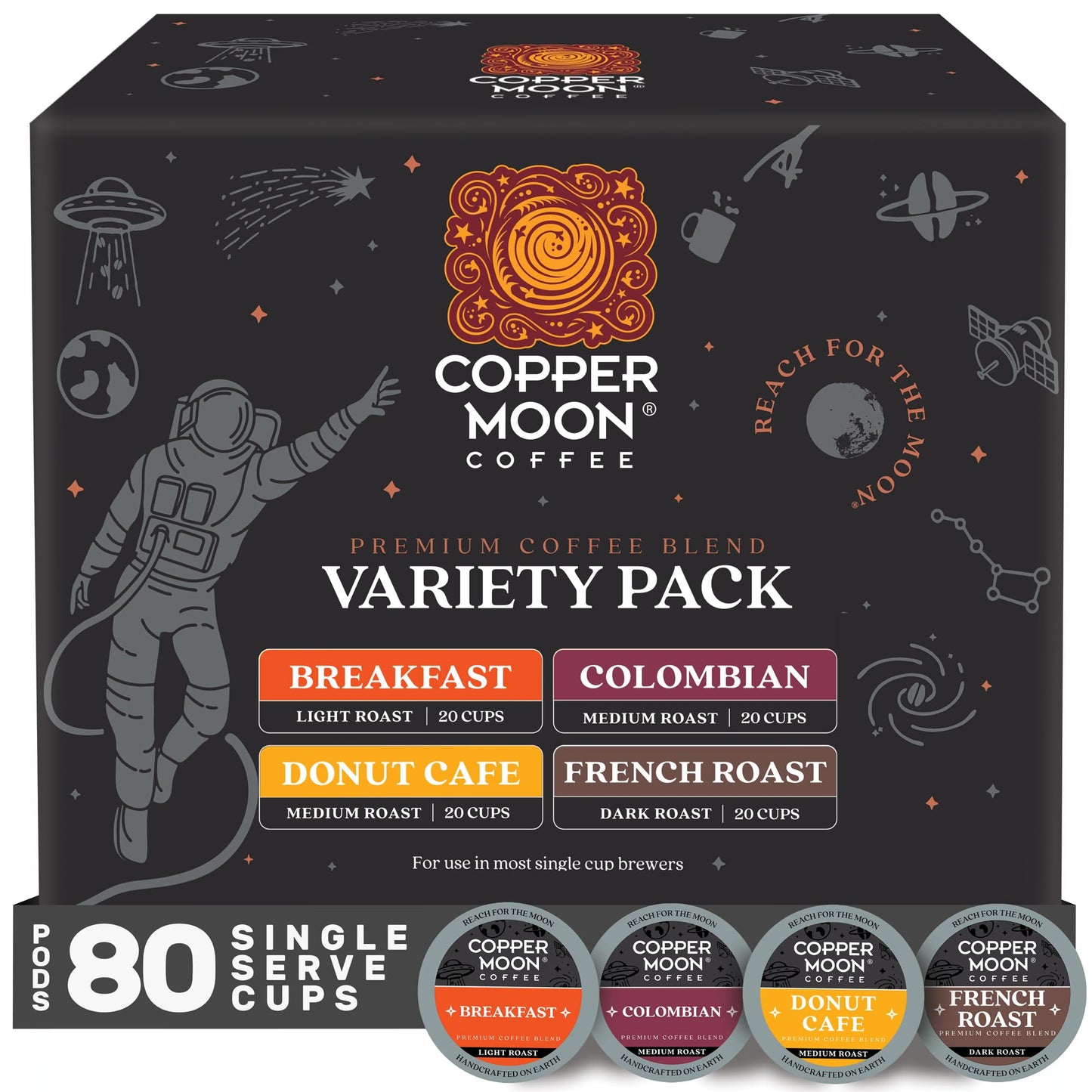 Copper Moon Coffee Pods for Keurig, Variety Pack, Light Medium & Dark Roast, 80 Count, Model 292211