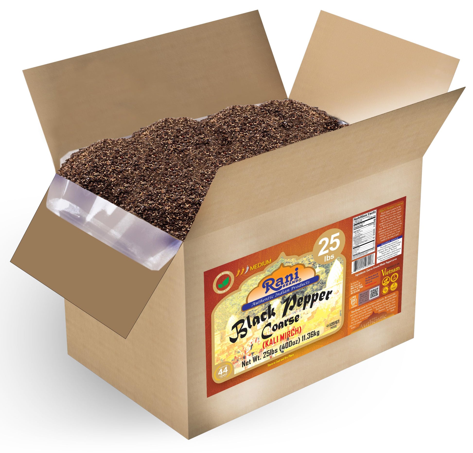 Rani Black Pepper Coarse Ground 28 Mesh (Table Grind) 400oz (25lbs) 11.36kg Bulk Box ~ All Natural | Vegan | Gluten Friendly | N