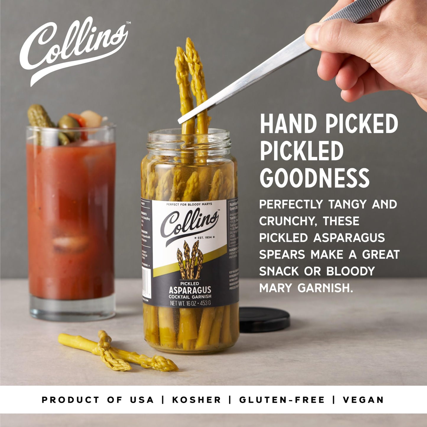 Collins Gourmet Pickled Asparagus Spears in Glass Jar, 16oz, Black Lid, Premium Garnish for Cocktails and Salads