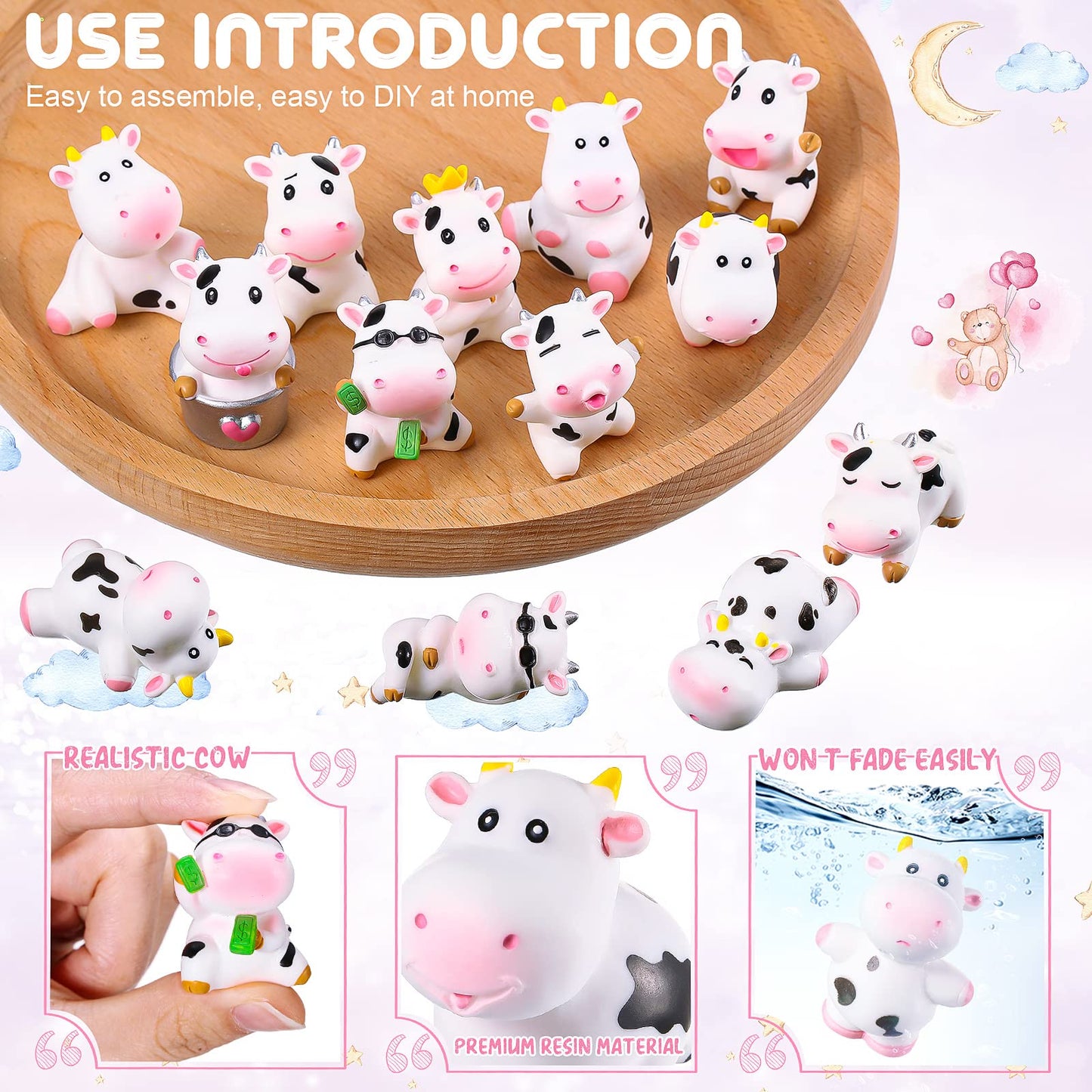 Blulu 28 Pieces Mini Cute Cow Animals Miniature Figurines Toys Cow Cake Toppers Resin Garden Miniature Moss Landscape Diy Terrar