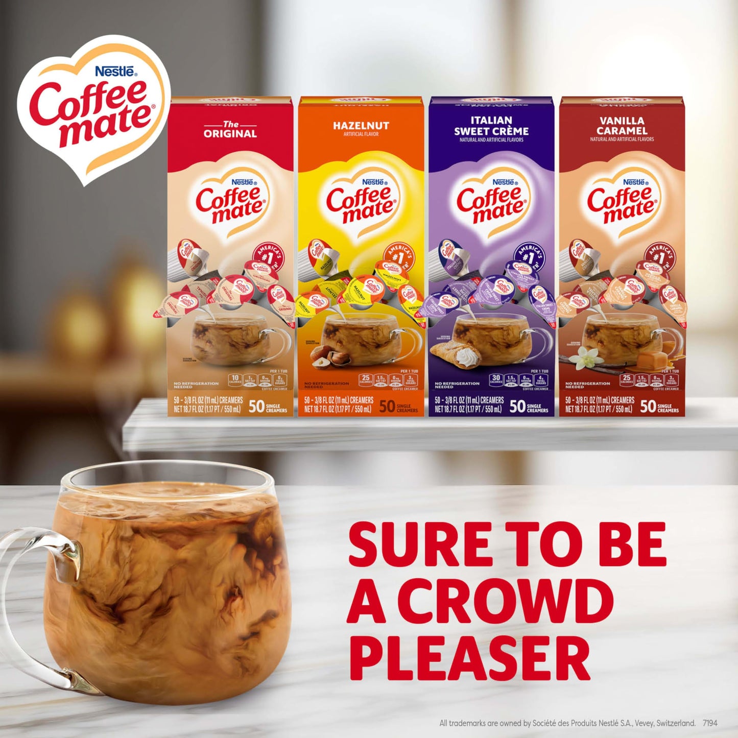 Nestle Coffee Mate Creamer Singles Variety Pack, Original, Hazelnut, Italian Sweet Creme, Vanilla Caramel Non Dairy, No Refriger