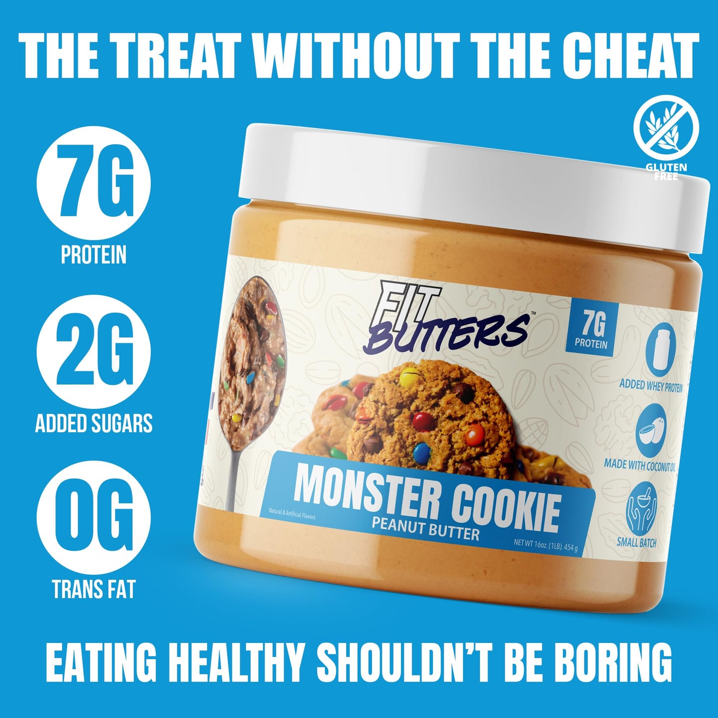 Fit Butters Monster Cookie Peanut Butter Spread - Added Protein And Coconut Oil, Low Carb, Low Sugar, Complete Protein Dessert F