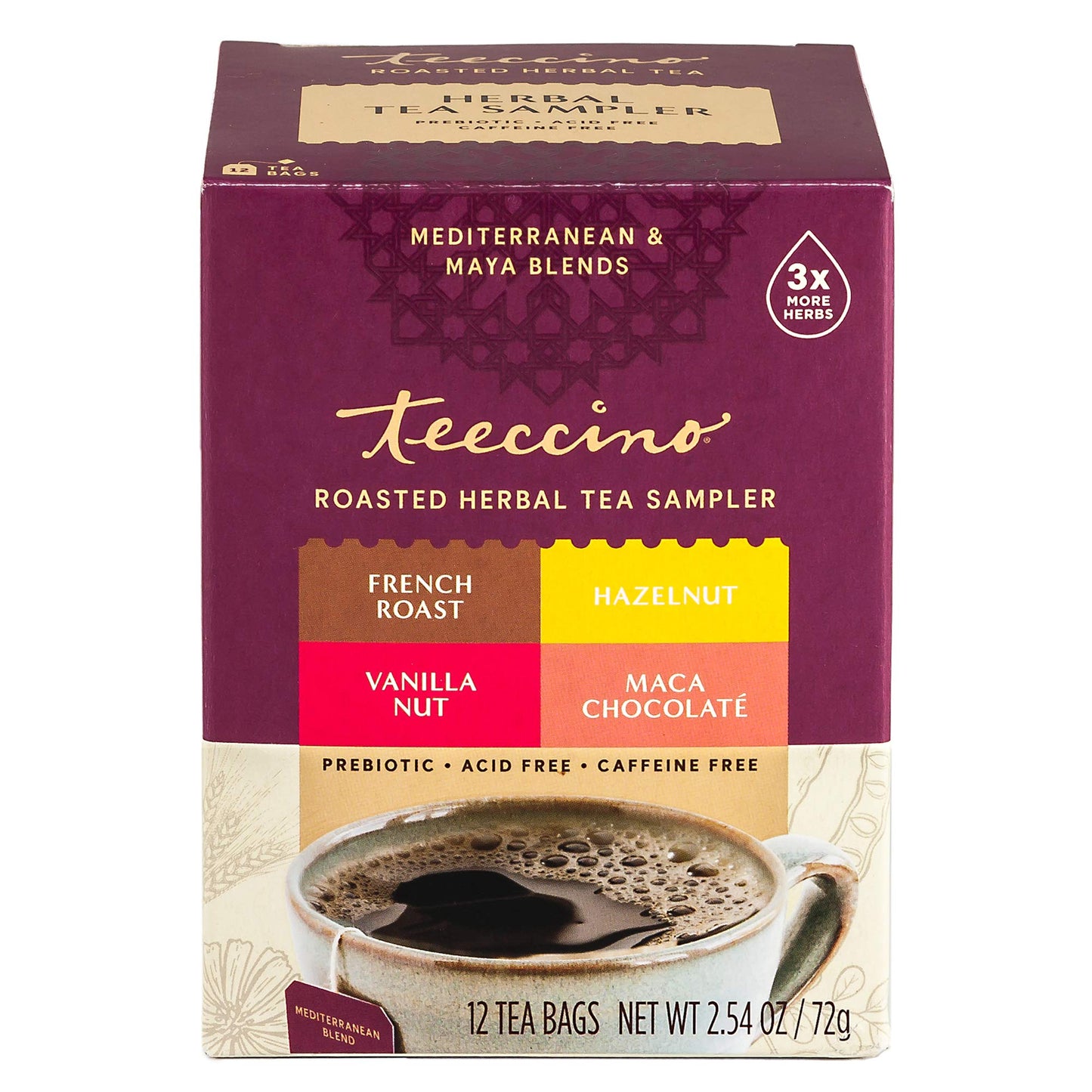 Teeccino Herbal Tea Sampler - 12 Bags, Caffeine Free, Assorted Flavors: Maca Chocolaté, French Roast, Hazelnut, Vanilla Nut