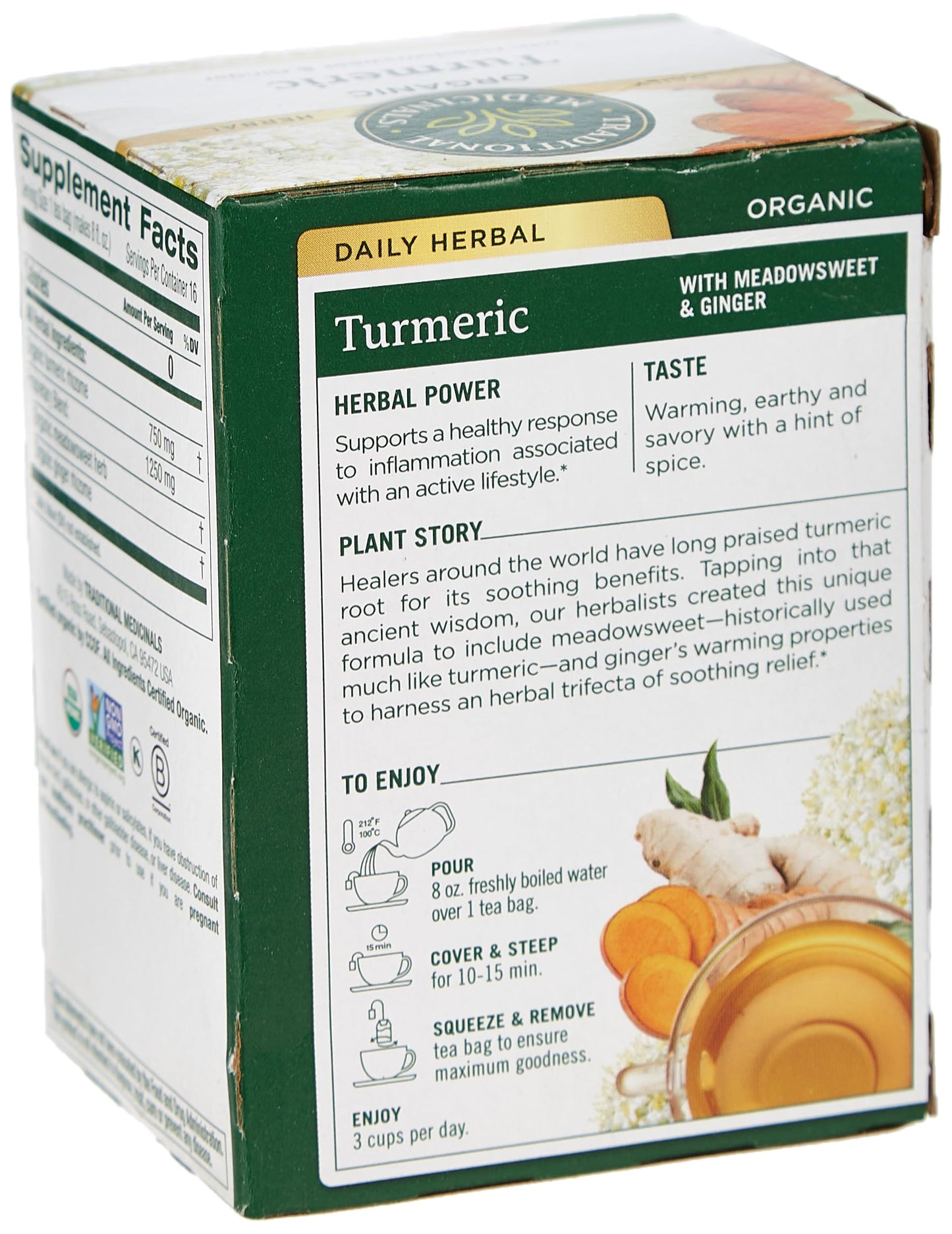 Traditional Medicinals Tea Turmeric Meadowsweet & Ginger,16 Count.