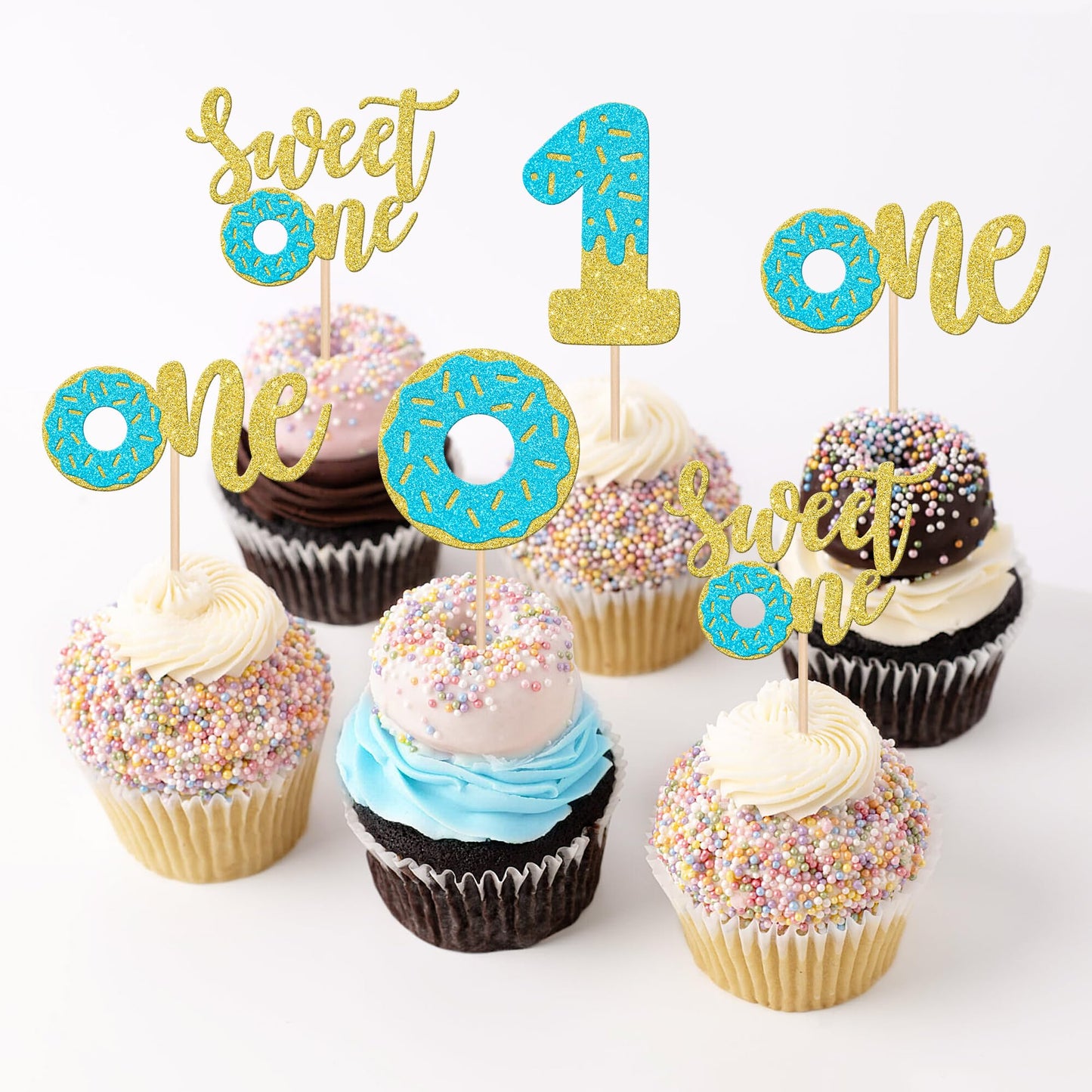 24 Pcs Sweet One Donut Cupcake Toppers Glitter Donut One Cupcake Picks Donut First Birthday Party Decoration For Sweet Donut The