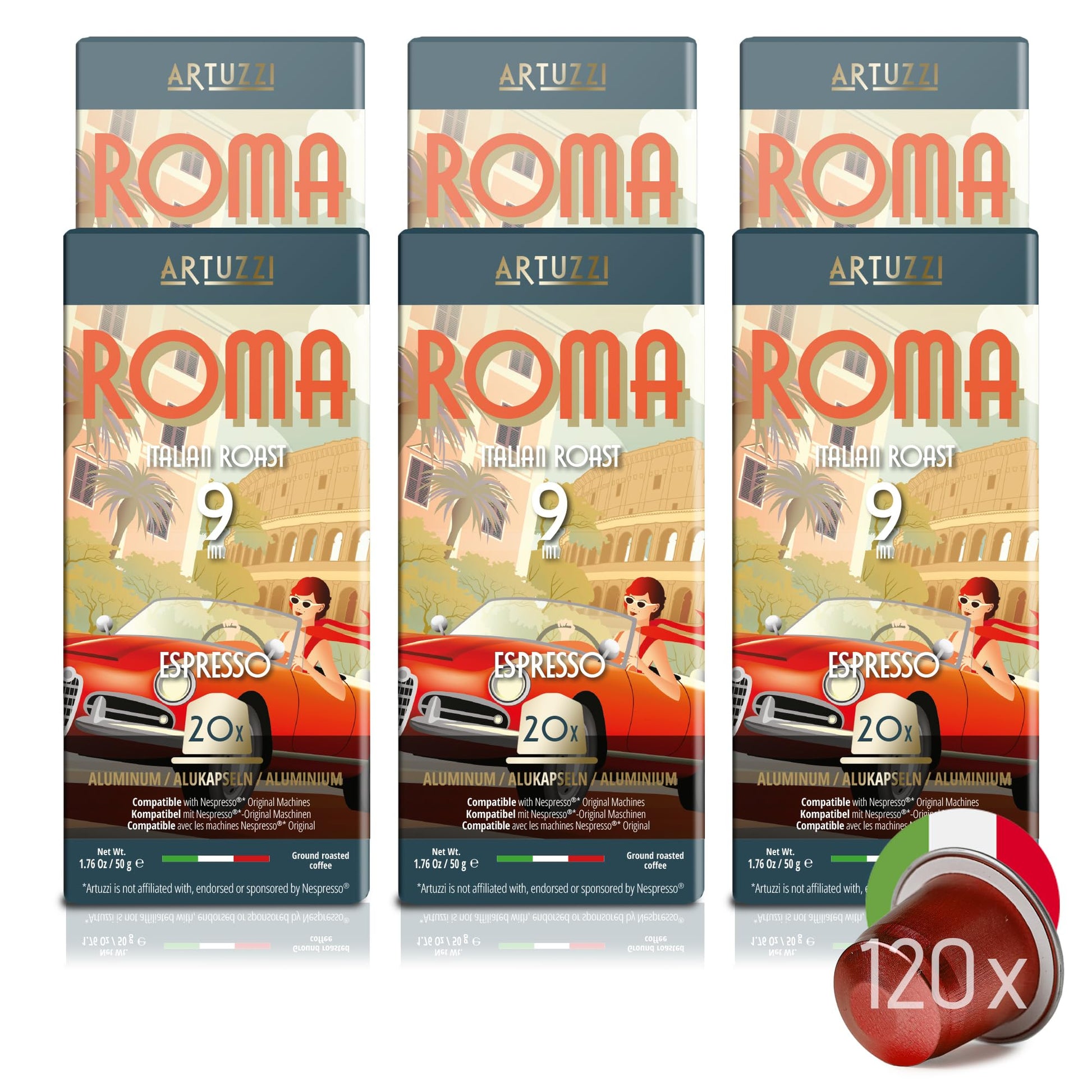 Artuzzi Espresso Roma Coffee Capsules - 120ct Aluminum & Recyclable Pods for Nespresso Original Machines - Fine Italian Dark Roast