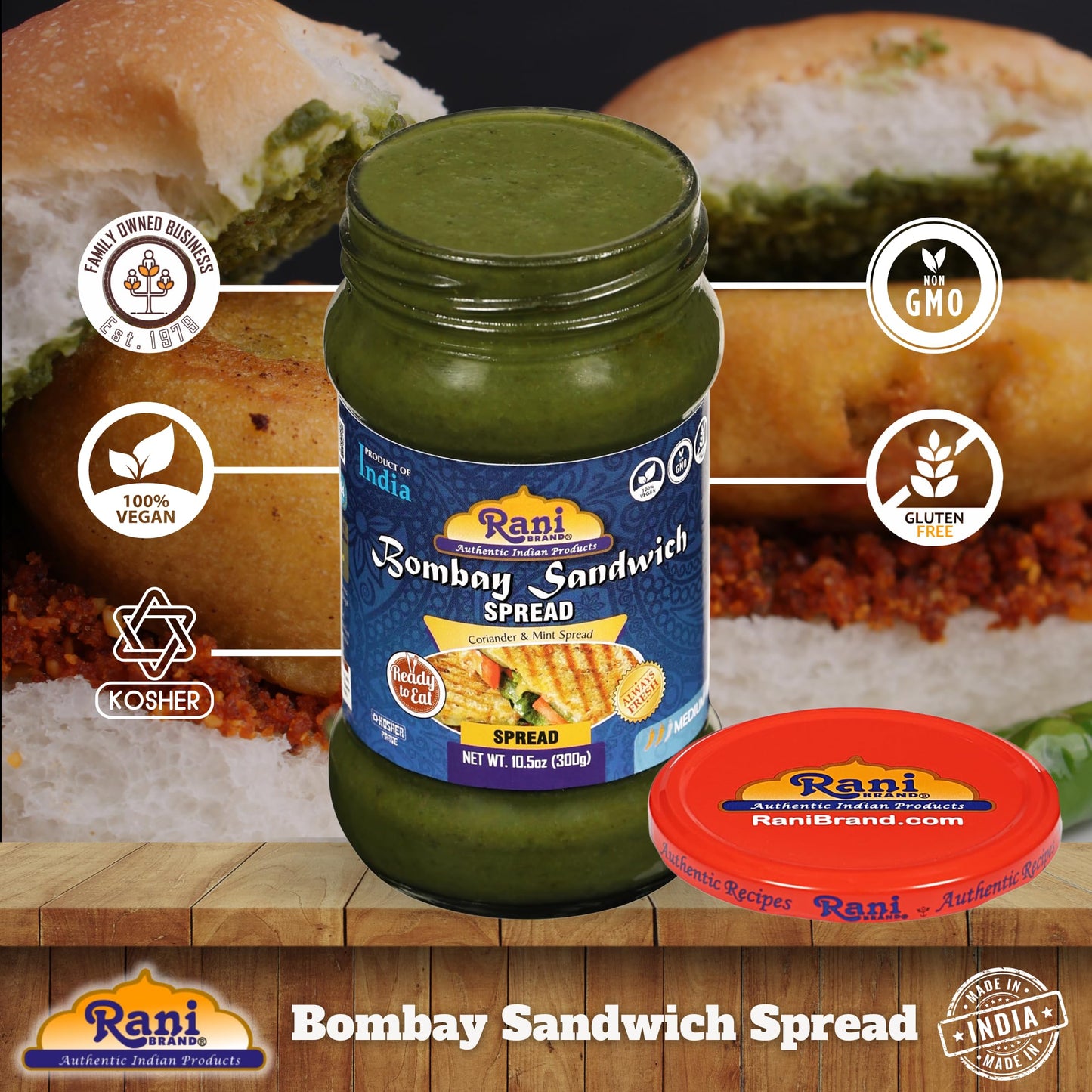 Rani Bombay Sandwich Spread, Mild (Mint & Coriander) 10.5Oz (300G) Glass Jar, Ready To Eat, Pack Of 5+1 Free ~ Vegan | Gluten Fr