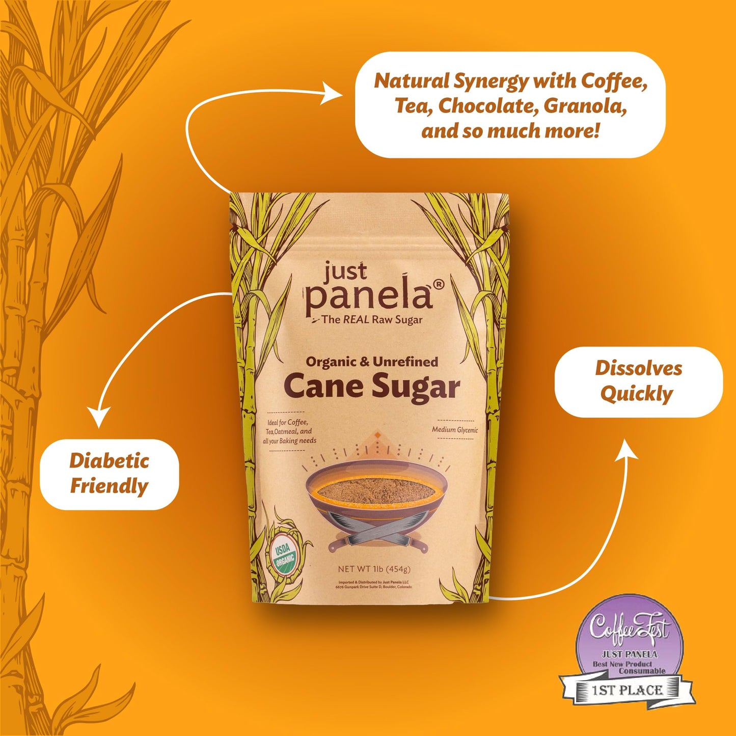 Just Panela Organic Unrefined Cane Sugar 1 Pound | 100% Unprocessed, Raw Sugar | Great for Baking, Cooking & Sweetening | Health