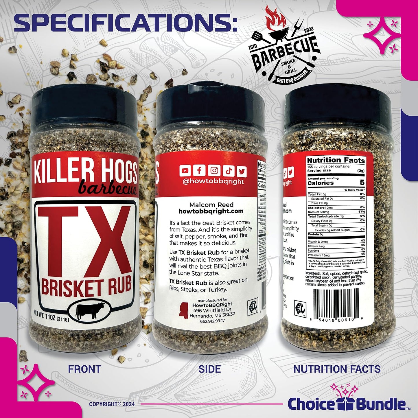 Choice Bundle reduceer Hogs TX Brisket Rub, Texas Style BBQ Seasoning, 2 Pack, 22 oz Total