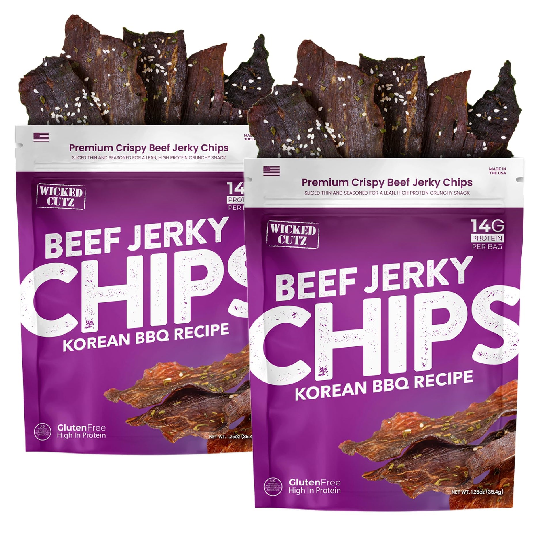 Wicked Cutz Korean BBQ Beef Jerky Chips, 14g Protein per Bag, Crispy & Crunchy Beef Jerky Crisps, USA Made Barbeque Flavored Chi