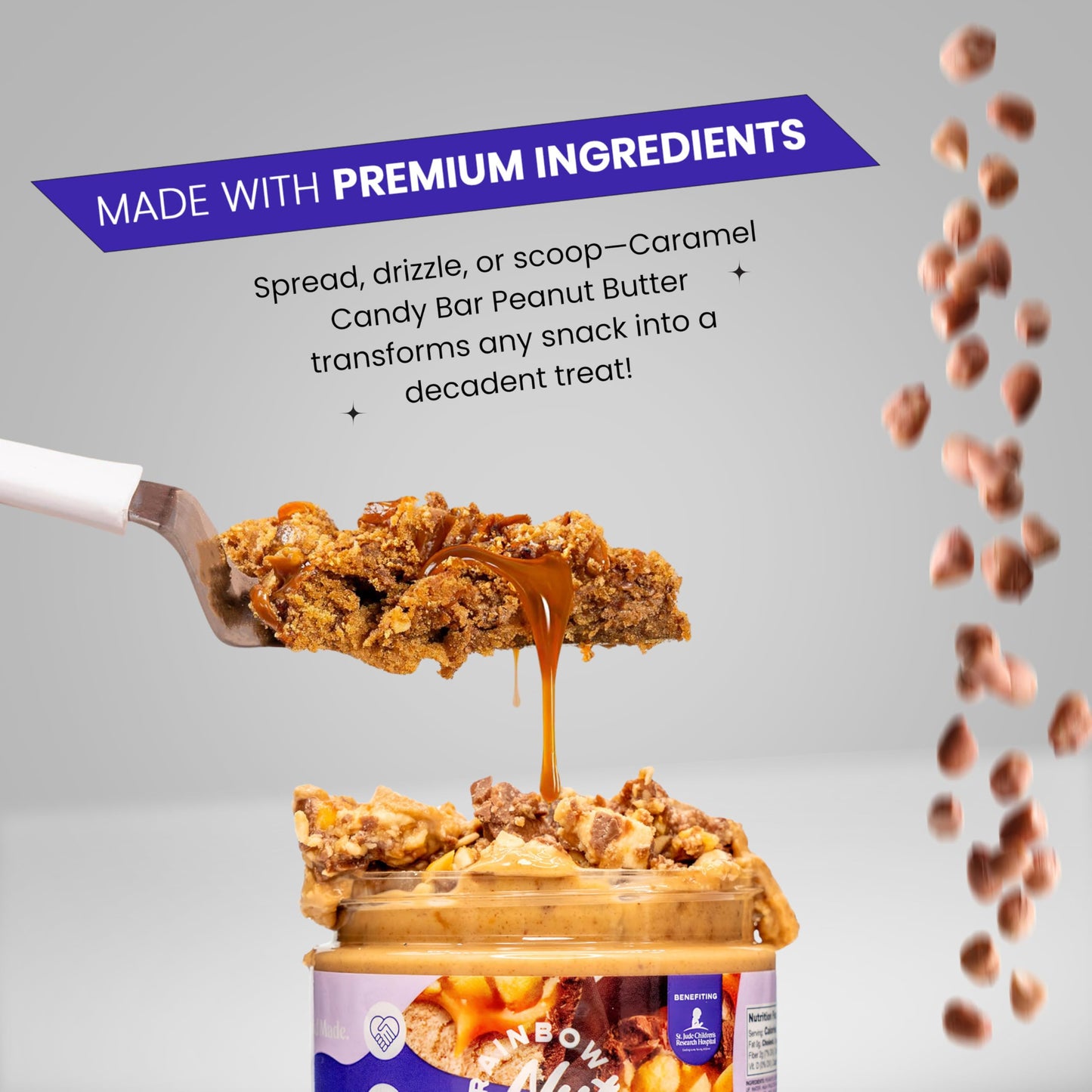 Rainbow Nut Butter, Caramel Candy Bar Peanut Butter Spread, Treat, Snack, Chocolate Bar Consisting Of Nougat Topped With Caramel